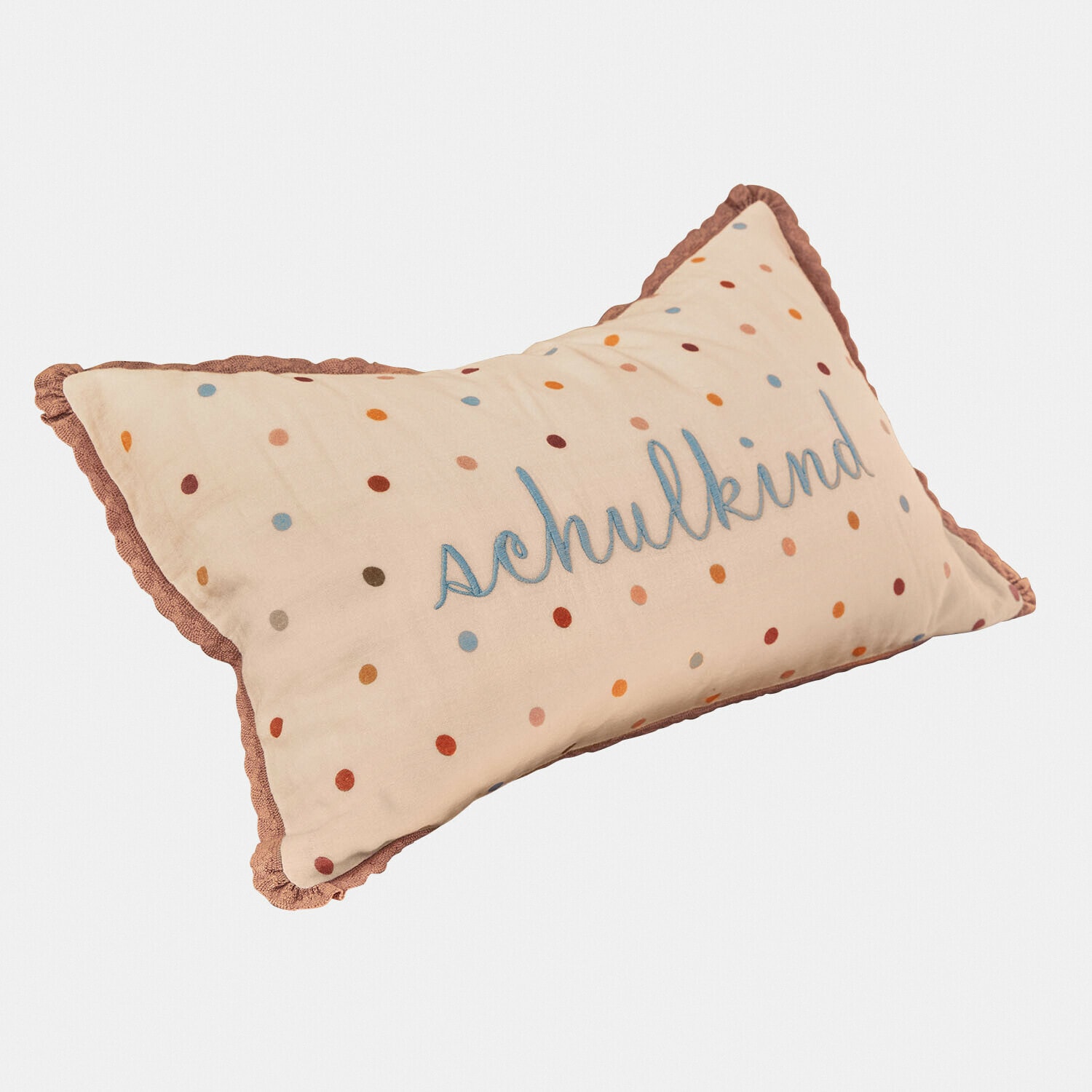 Beiges Baumwollkissen mit bunten Punkten und Schriftzug Schulkind, Kinderzimmer Dekoration