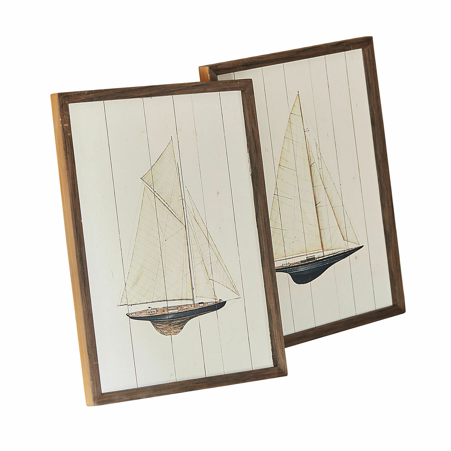 Wandbild 2er Set Lemoux Zwei Holzbilder mit Segelbooten auf weissem Hintergrund, maritime Wanddekoration