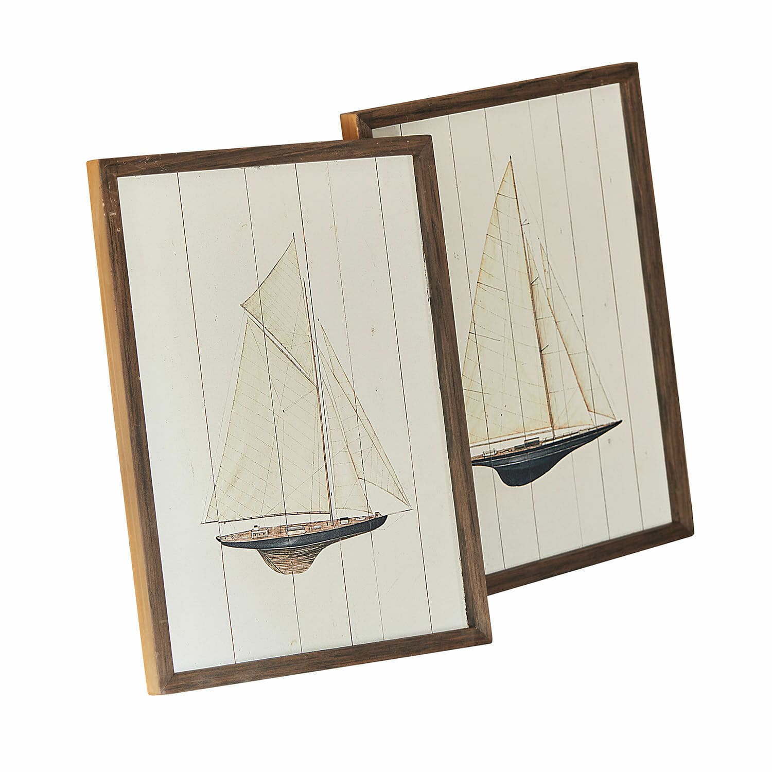 Wandbild 2er Set Lemoux Zwei Holzbilder mit Segelbooten auf weissem Hintergrund, maritime Wanddekoration