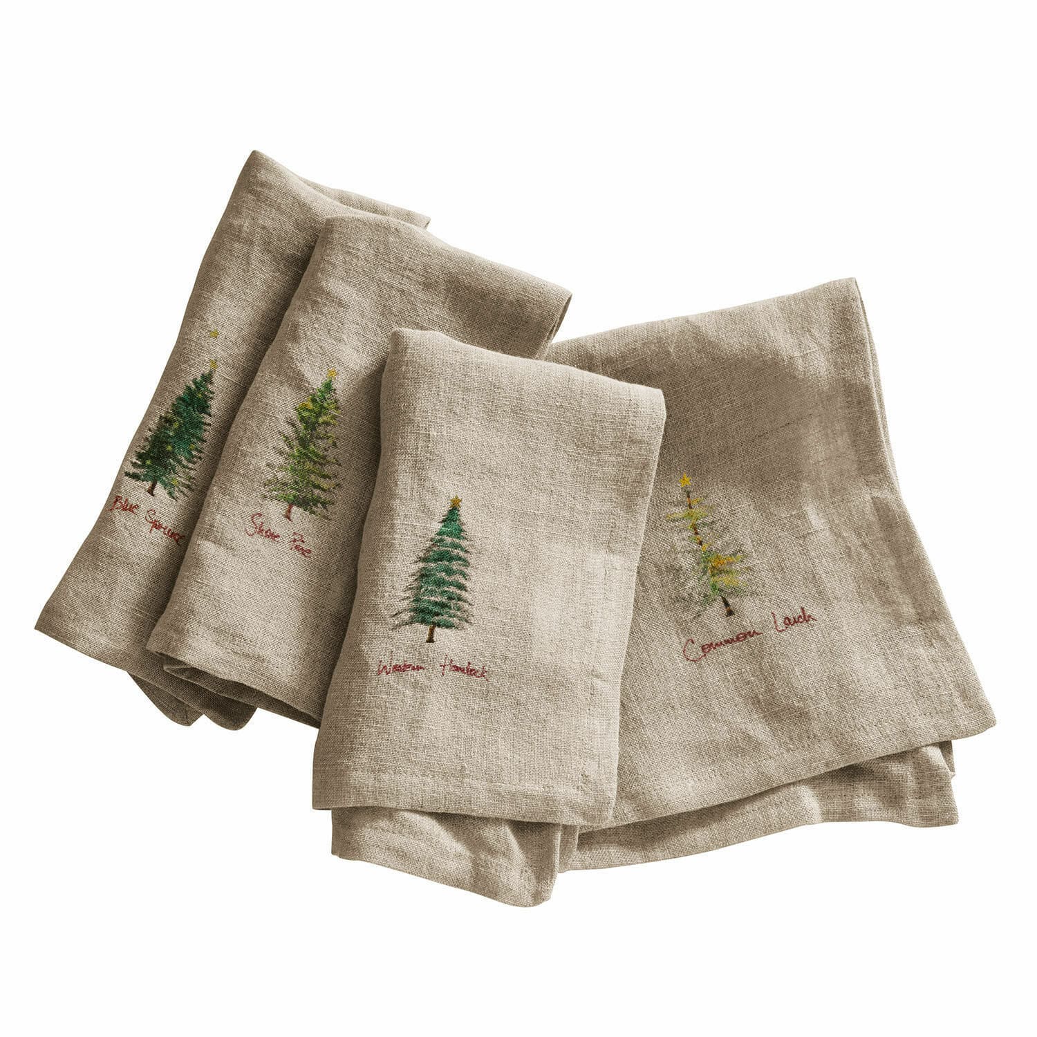 Servietten 4er Set Jarrier Beige Leinenservietten mit grünen Weihnachtsbaum-Stickereien und roten Schriftzügen, Tischdekoration