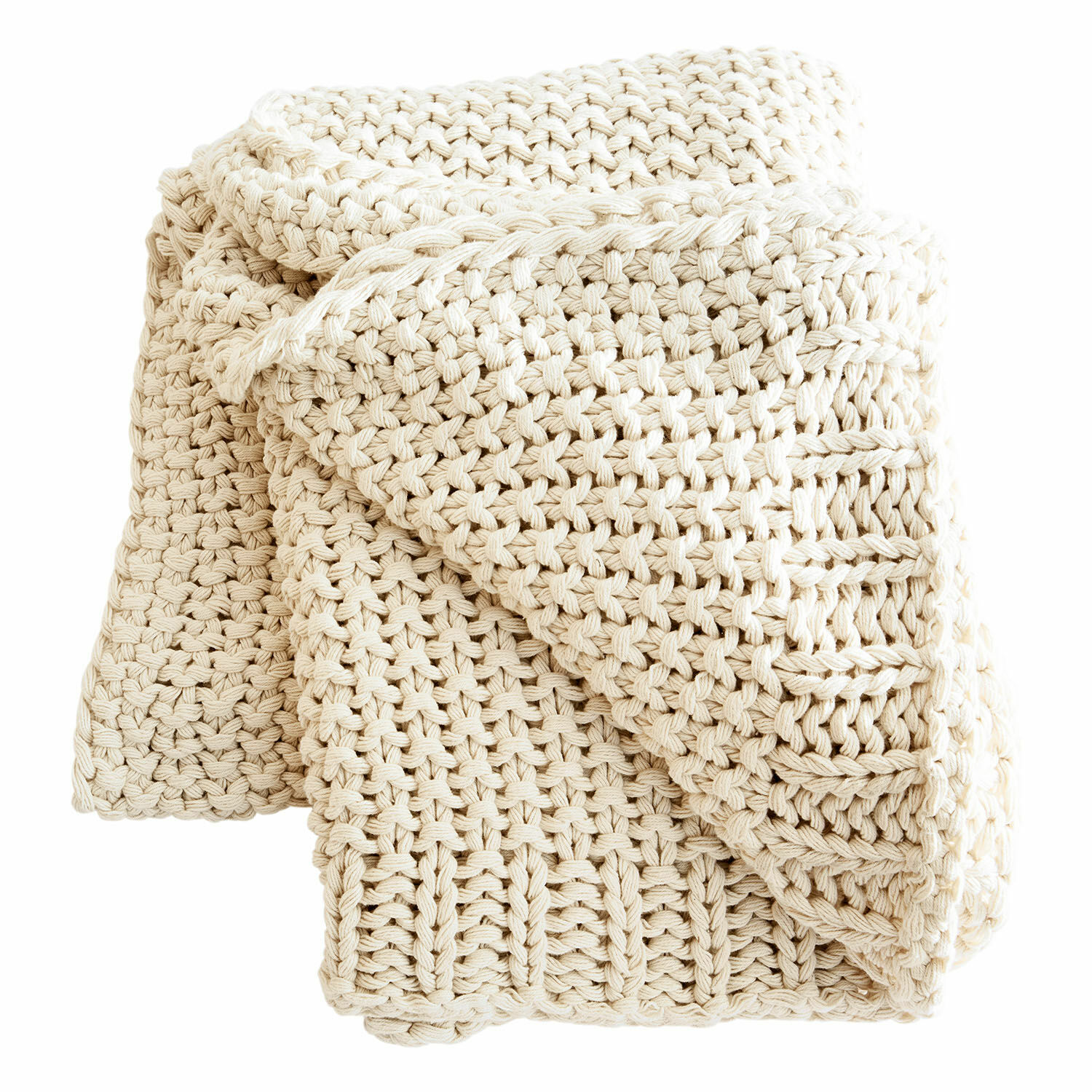 beige Beiges Plaid aus grob gestrickter Baumwolle, ideal zum Dekorieren und Wärmen im Raum.