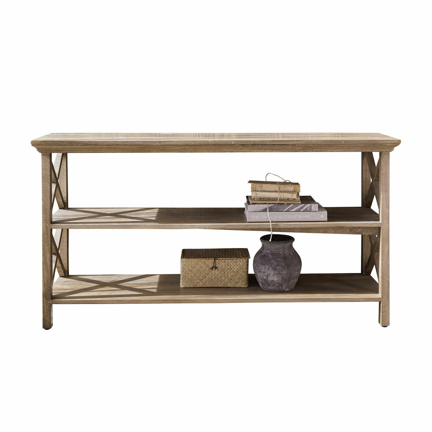 Konsole Vélu Konsole aus hellem Holz mit zwei Ablageflächen, dekoriert mit Büchern und einer dunklen Keramikvase