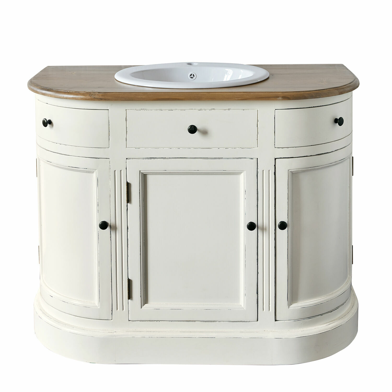 Waschtisch Louisiana antikweiss mit brauner Holzplatte und Keramikbecken im Vintage-Stil