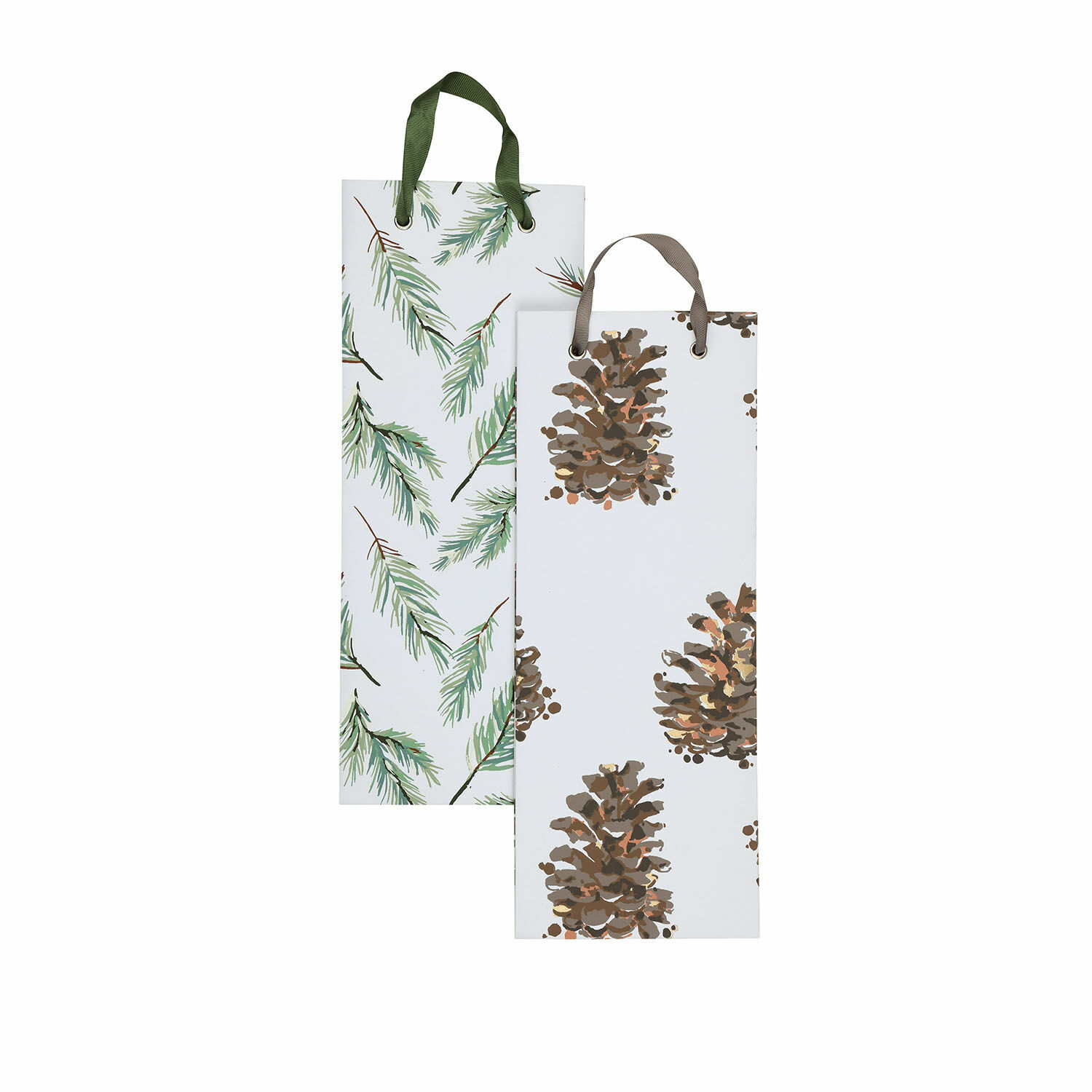 Verpackungs-Set FSC®-Mix Jiva Set aus zwei Papiertüten für Flaschen mit Tannenzapfen- und Zweigmuster in Grün- und Brauntönen