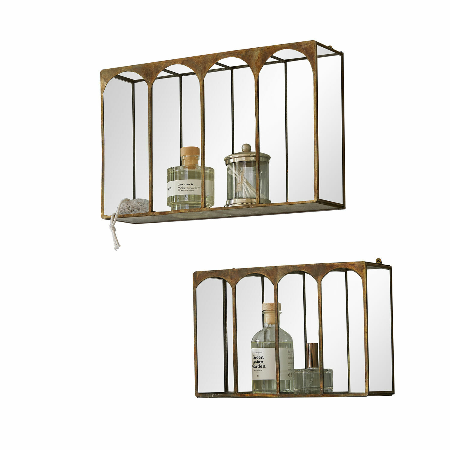 Wandregal 2er Set Jaelani Set aus zwei Wandregalen aus Metall mit Spiegel und antik kupferfarbenem Rahmen zur Wohnraumdekoration