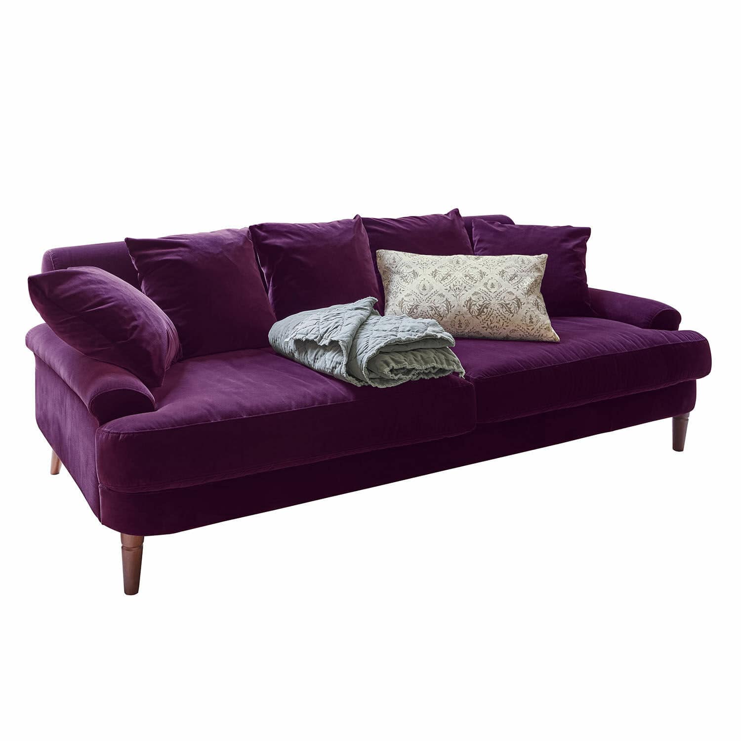 Sofa Rivermere Violettes Samtsofa mit Kissen und grauer Decke, modernes Wohnzimmermöbel für gemütliche Stunden