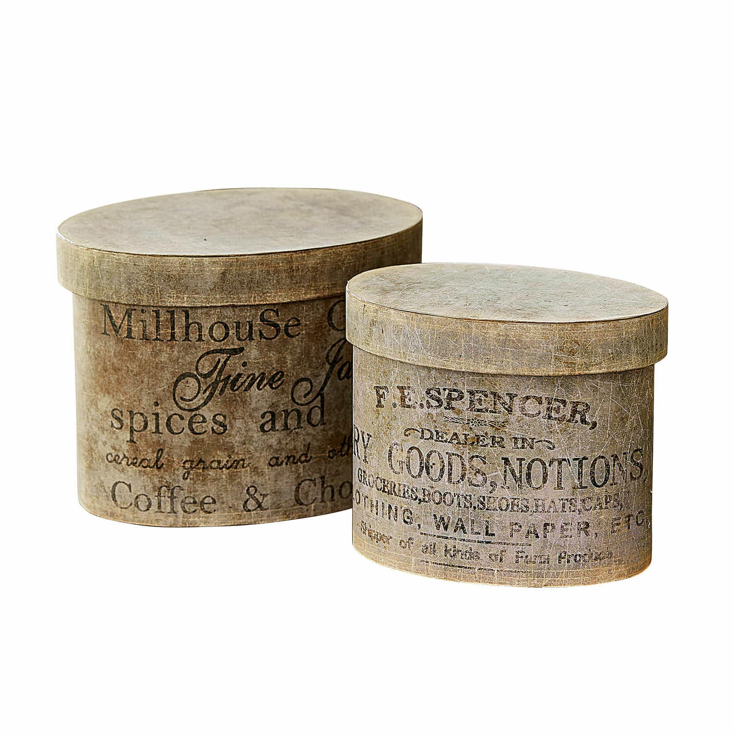 Box 2er Set Tunguska Zwei runde Vintage-Papierboxen in Beige mit antikem Textdruck als Dekoration