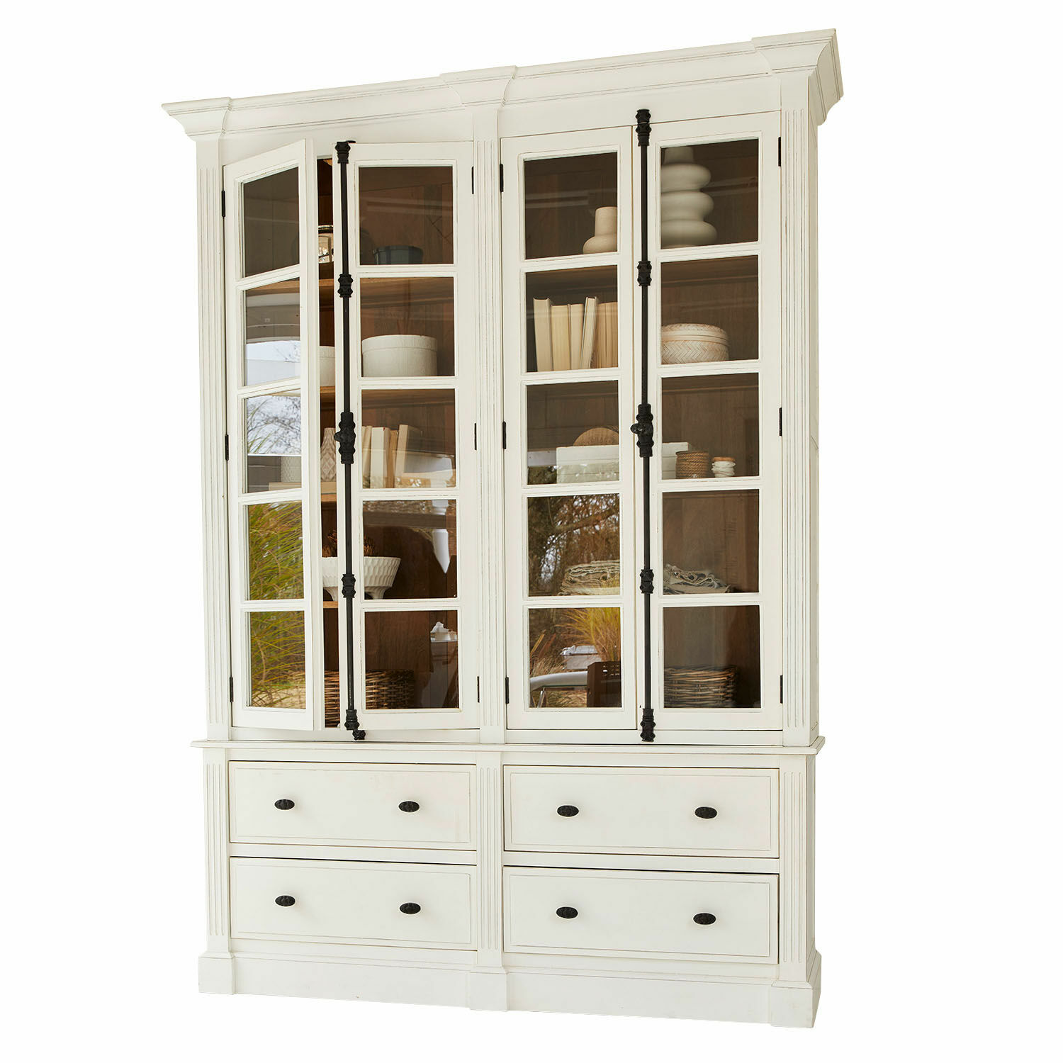 Schrank Laimont Weisse Holzvitrine mit Glastüren und schwarzen Griffen, elegantes Wohnzimmermöbel