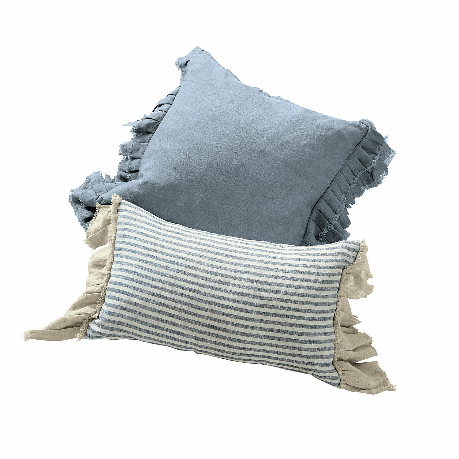 Kissenhülle 2er Set Alexane Set aus zwei dekorativen Leinenkissen in Blau und Beige mit Rüschen für das Wohnzimmer