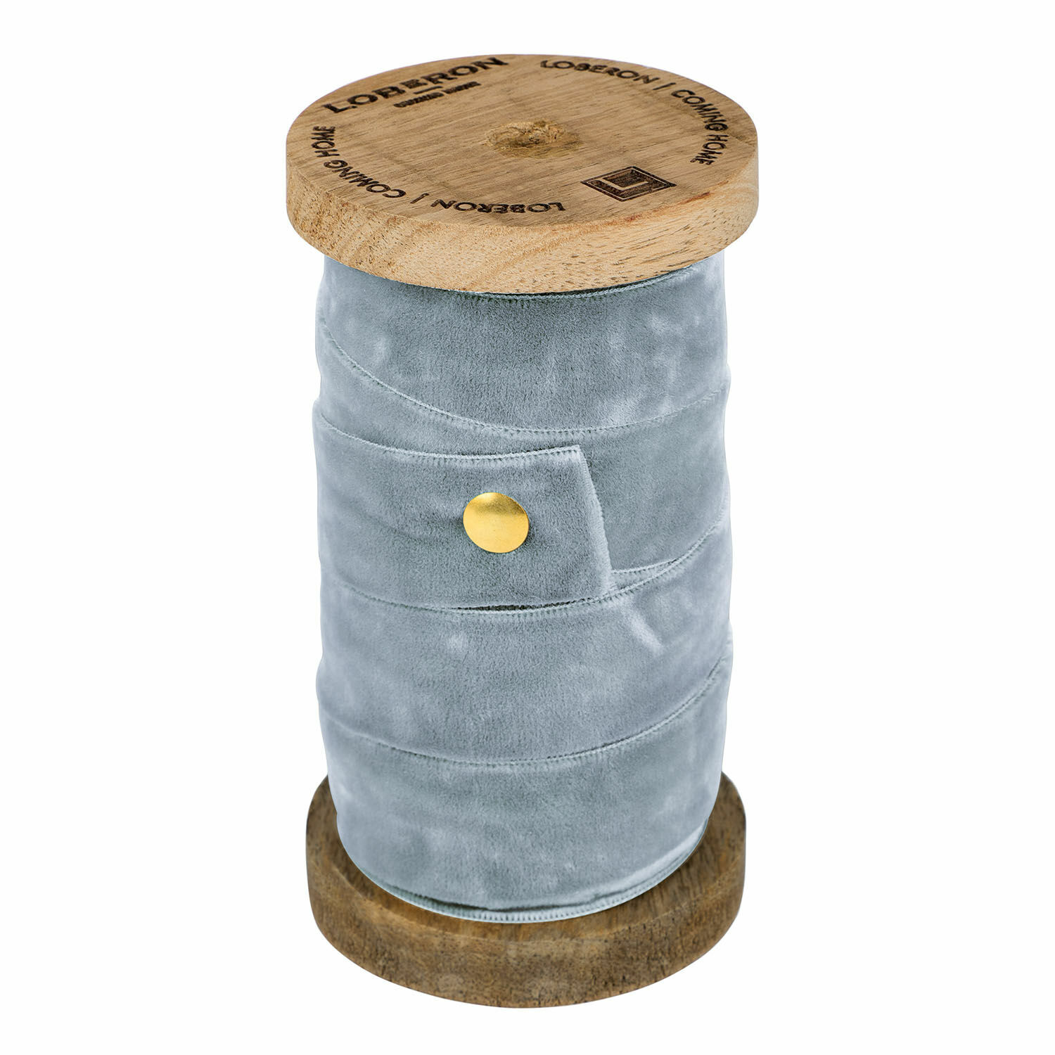 Blaues Samtband auf Holzspule für Dekoration und Bastelarbeiten