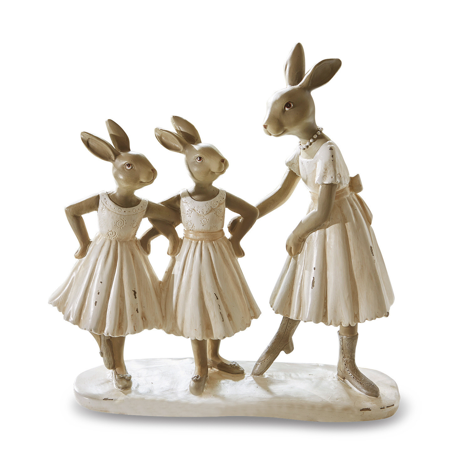 Hasen Danseuses Figur aus Material mit drei Hasen in cremefarbenen Kleidern, dekorative Osterdekoration für das Zuhause