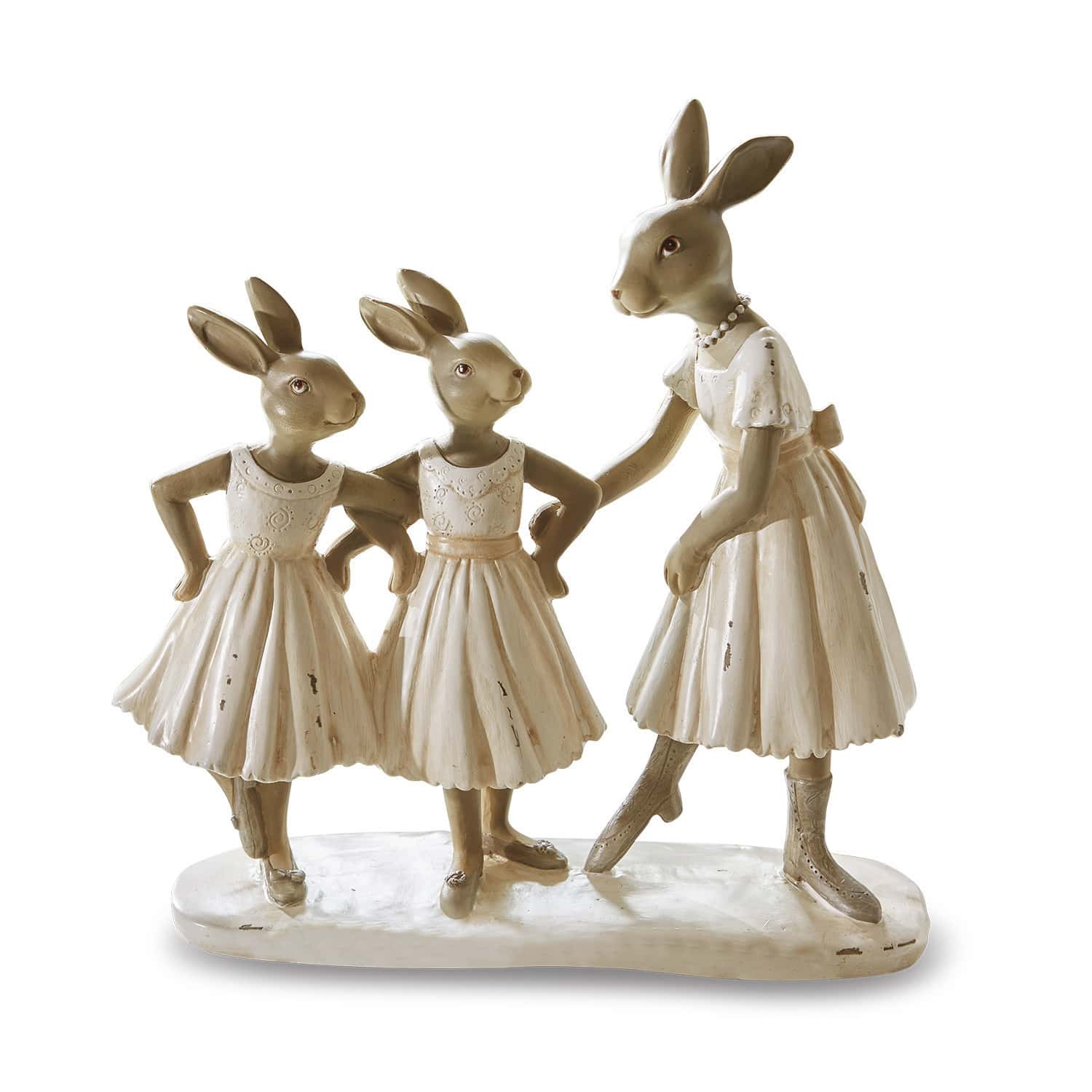 Hasen Danseuses Figur aus Material mit drei Hasen in cremefarbenen Kleidern, dekorative Osterdekoration für das Zuhause