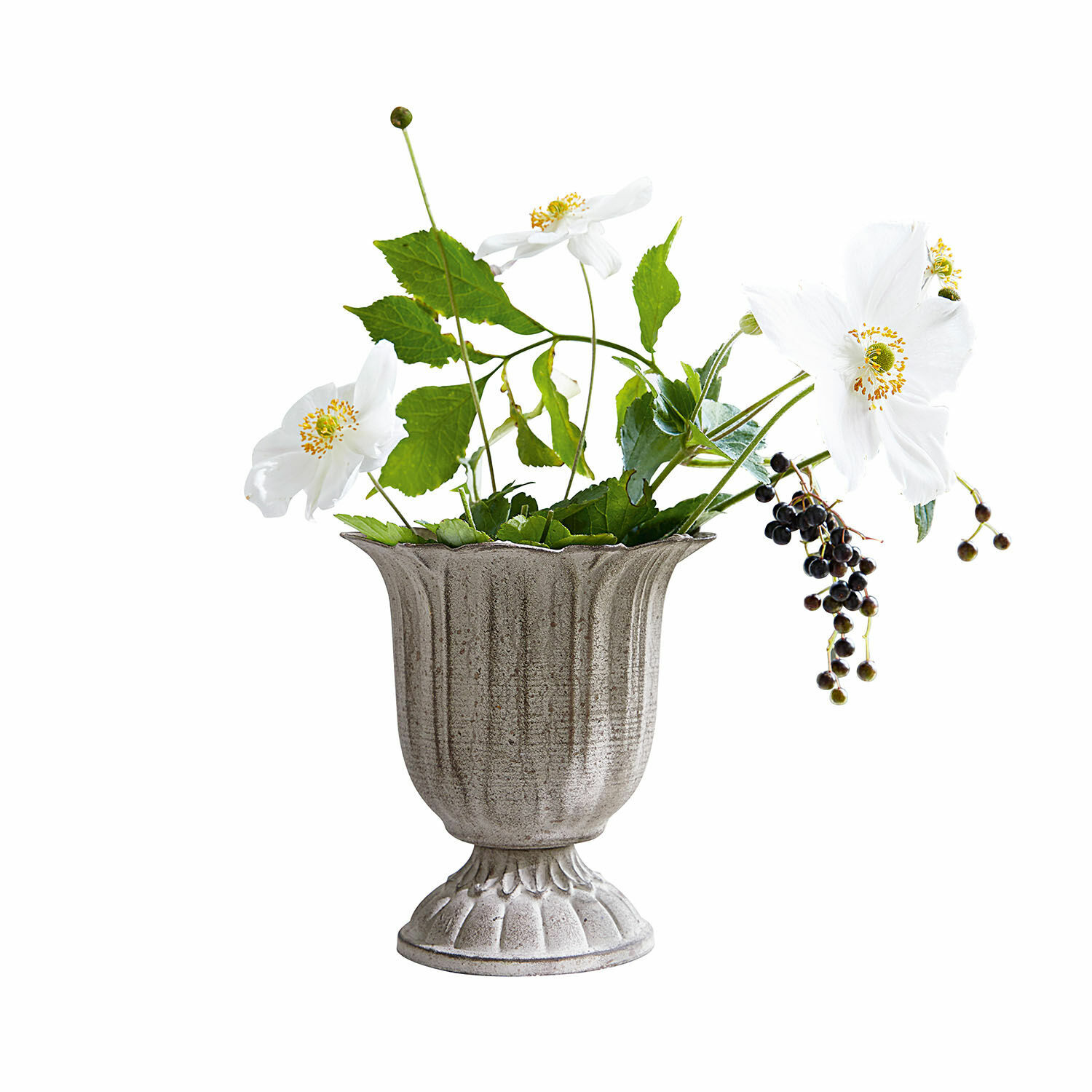 Vase Hanson Graue Keramikvase mit weissen Blumen und grünen Blättern als Wohnaccessoire