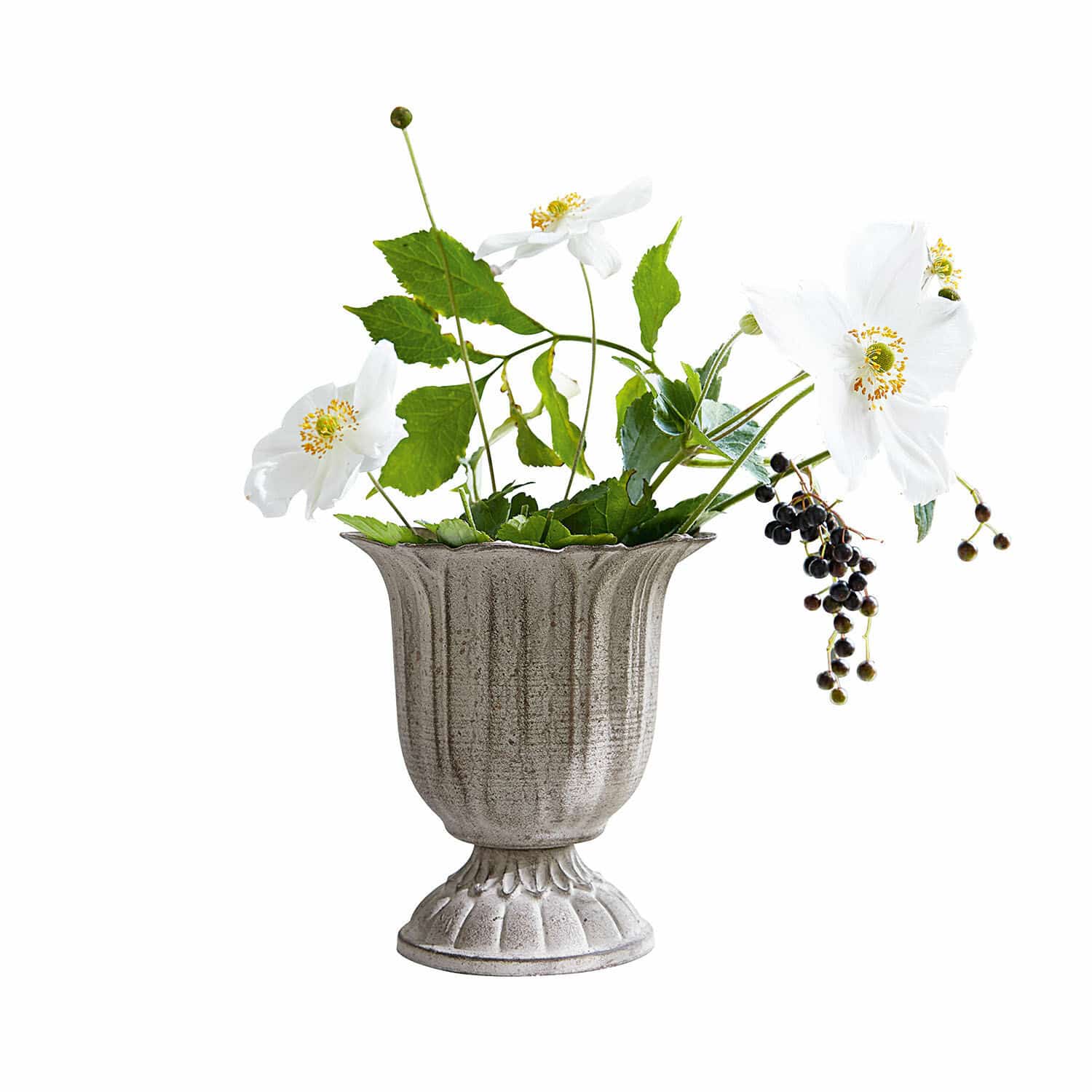 Vase Hanson Graue Keramikvase mit weissen Blumen und grünen Blättern als Wohnaccessoire