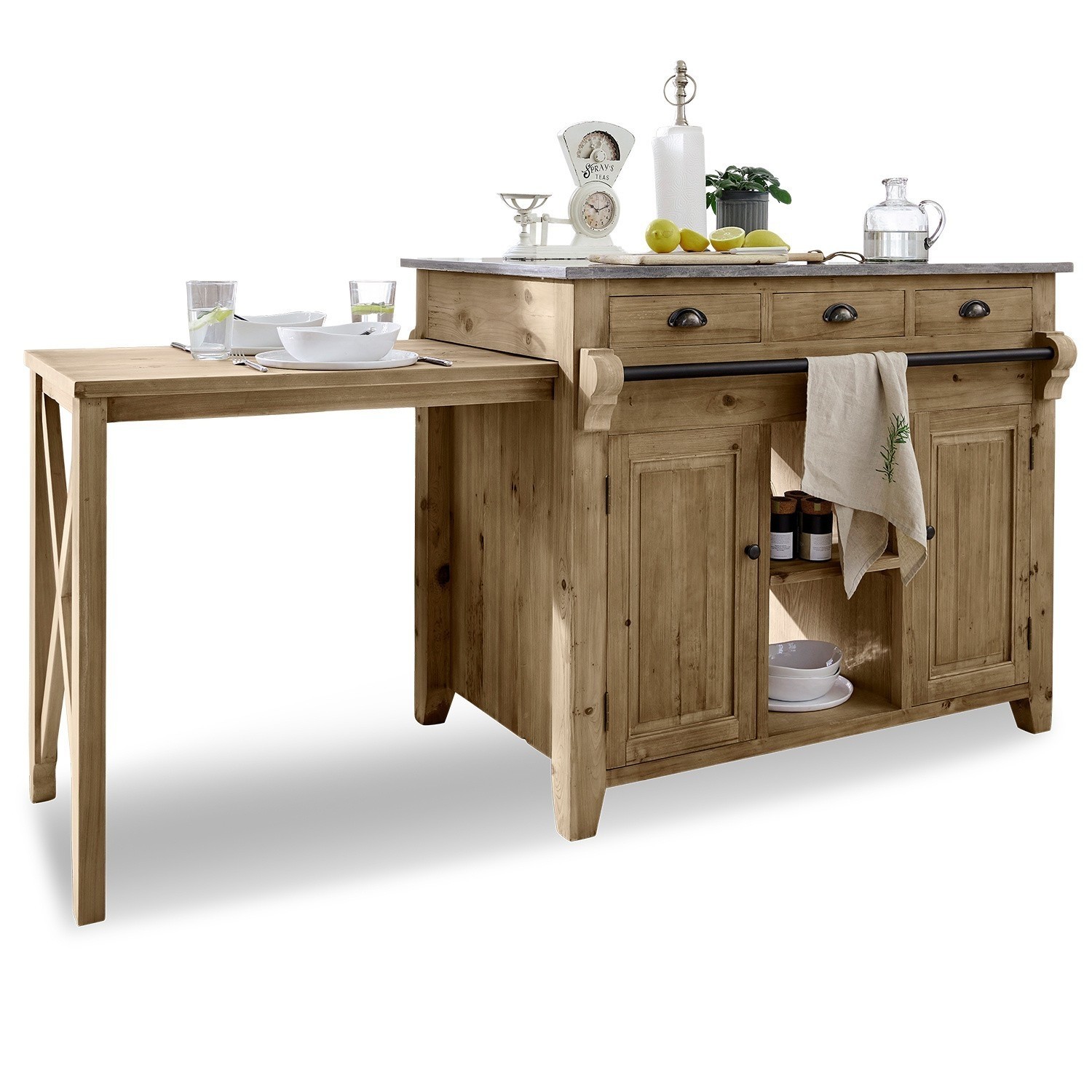 Küchenblock Évain Kücheninsel aus Holz mit ausziehbarem Tisch und Schubladen in natürlicher Holzfarbe