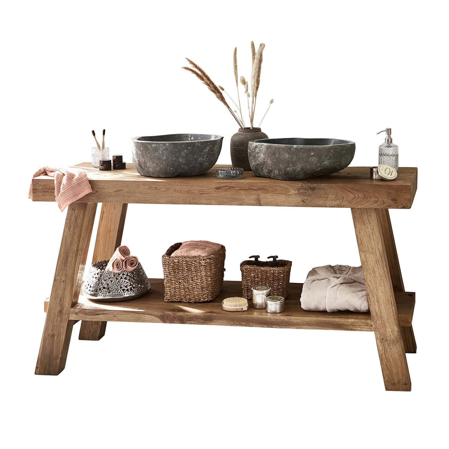 Doppelwaschtisch Eguenigue Holz-Badezimmerkonsole mit steinernem Waschbecken und natürlichen Aufbewahrungsaccessoires
