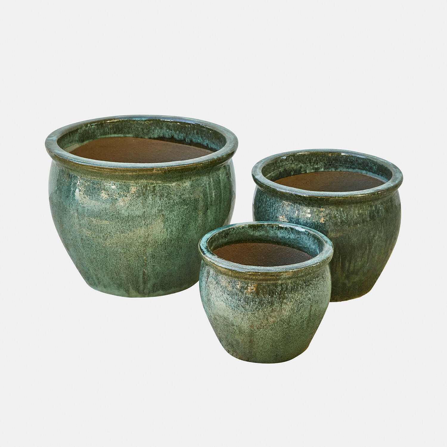 Übertopf 3er Set Mareenah Set mit drei grünen Keramikblumentöpfen im rustikalen Stil für Garten und Zuhause