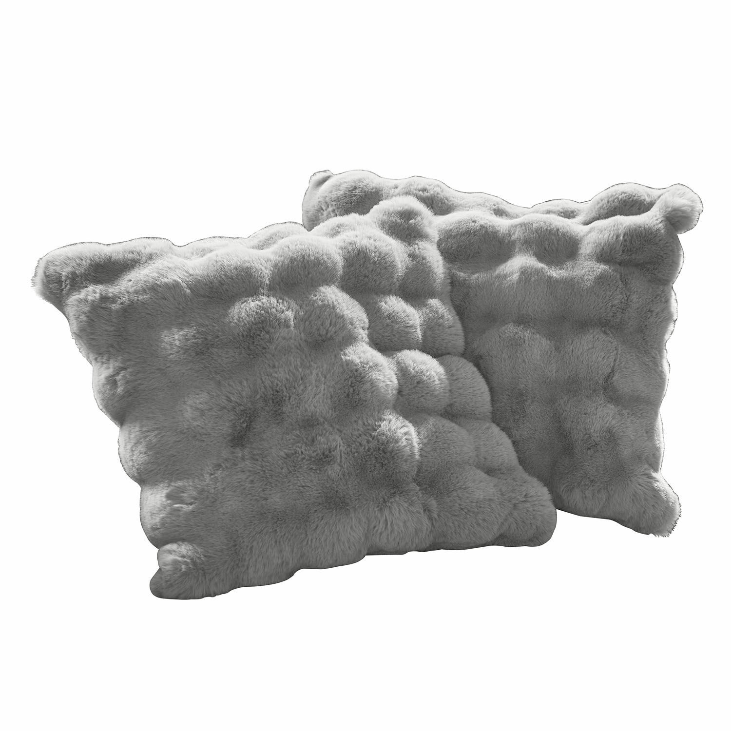Kissenhülle 2er Set Zalina Ein Paar dekorative Kissen aus grauem Kunstfell, ideal für eine gemütliche Wohnraumgestaltung.