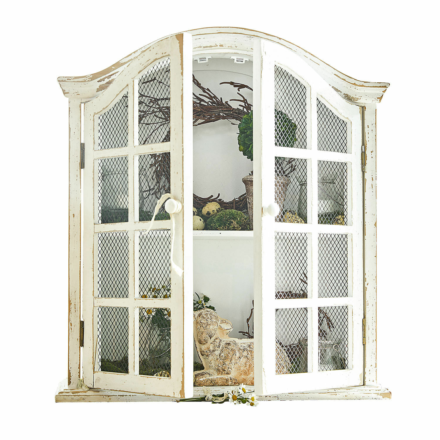 Wandschrank Monthelie Weisse Holzvitrine mit Gittertüren im Vintage-Stil, Dekoration innen, Wohnzimmermöbel
