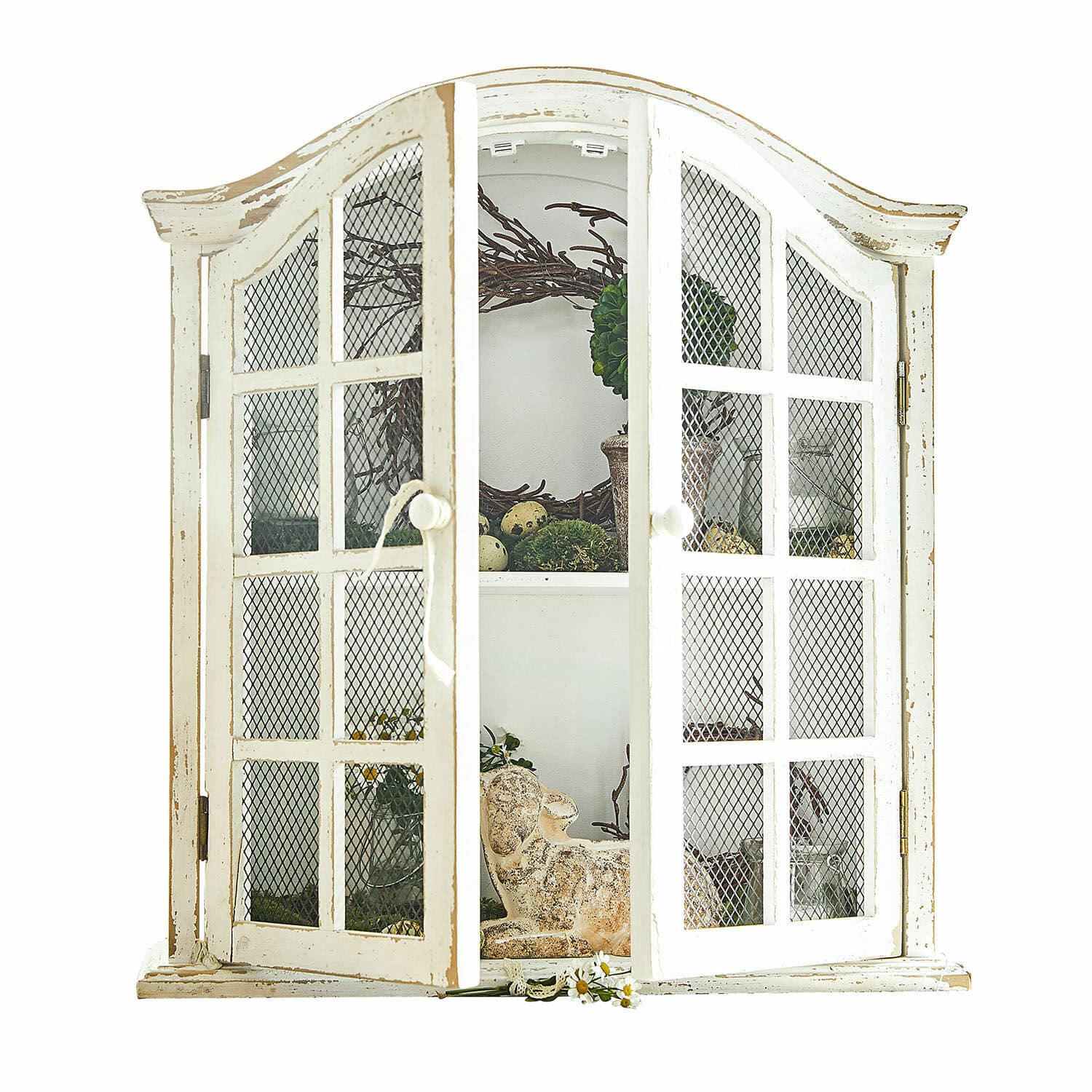 Wandschrank Monthelie Weisse Holzvitrine mit Gittertüren im Vintage-Stil, Dekoration innen, Wohnzimmermöbel