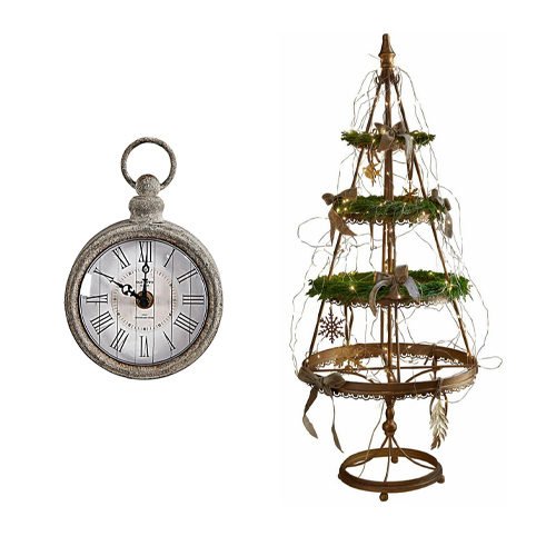 Metall-Wanduhr mit römischen Zahlen und dekorativem Steh-Weihnachtsbaum mit grünen Akzenten