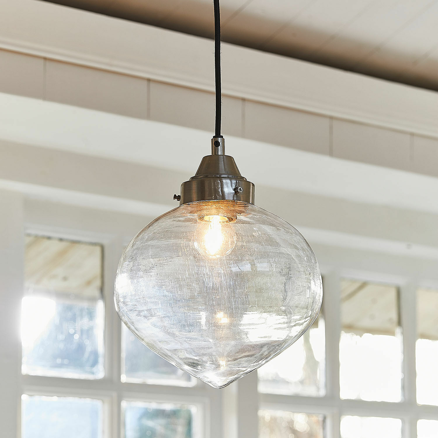 Hängelampe Lunariello Hängeleuchte aus klarem Glas mit silbernem Metallhalter, modernes Wohnzimmerlicht
