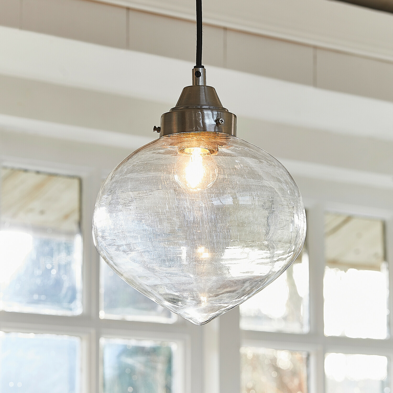 Hängelampe Lunariello Hängeleuchte aus klarem Glas mit silbernem Metallhalter, modernes Wohnzimmerlicht