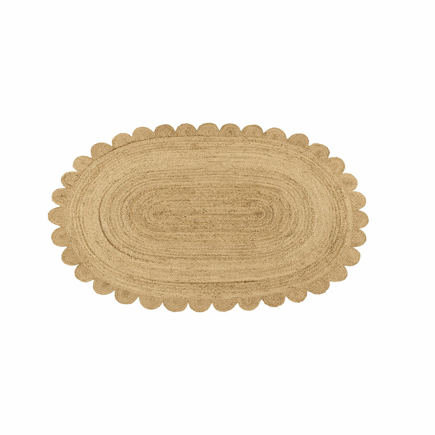 Teppich Ferce Ovaler Teppich aus Jute in Naturfarbe mit dekorativem gewelltem Rand für Wohnräume.