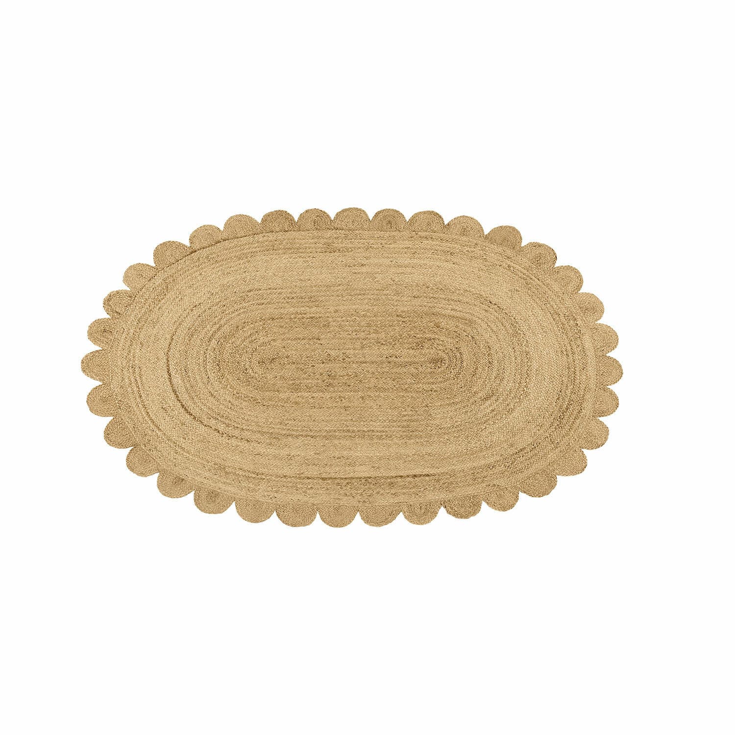 Teppich Ferce Ovaler Teppich aus Jute in Naturfarbe mit dekorativem gewelltem Rand für Wohnräume.
