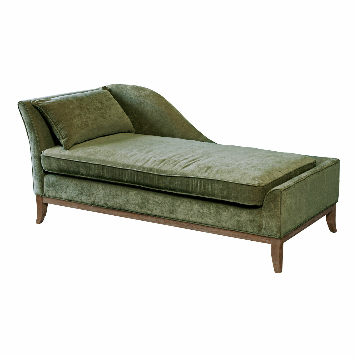 Chaiselongue Alphonse Grüne Chaiselongue mit weichem Stoffbezug und Holzgestell fürs Wohnzimmer