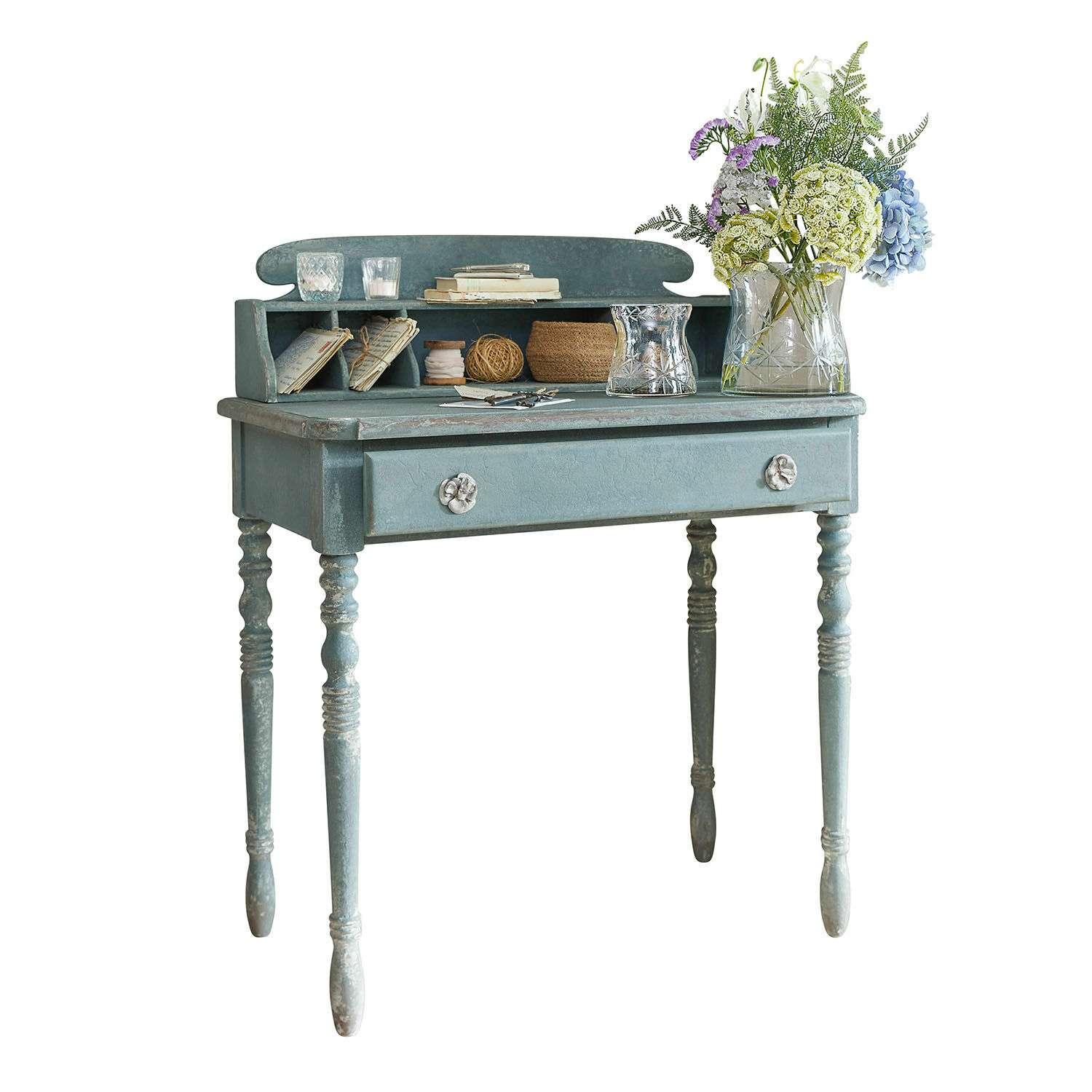 Sekretär Lartigue Blauer Holzschreibtisch mit Schublade und Fächern, Vintage-Möbel zur Aufbewahrung und Dekoration