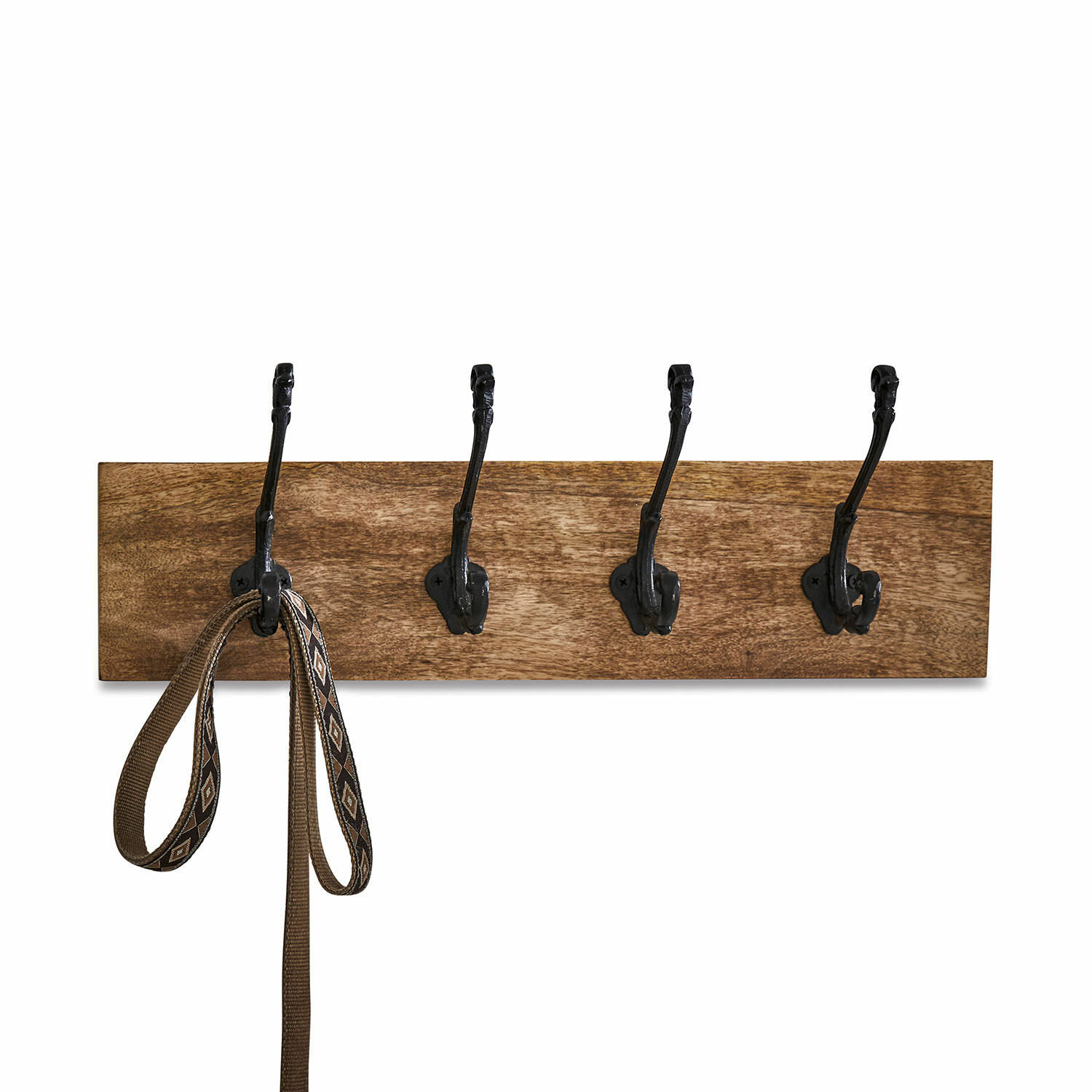 Hakenleiste Taylors Island Wandgarderobe aus Holz mit schwarzen Metallhaken und einer hängenden Leine, praktischer Garderoben-Organizer für den Flur