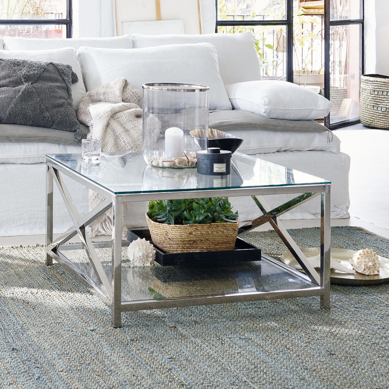 Couchtisch Stamford, Edle Material-Kombi, Edelstahl & Glas, Vielseitig kombinierbar in silber
