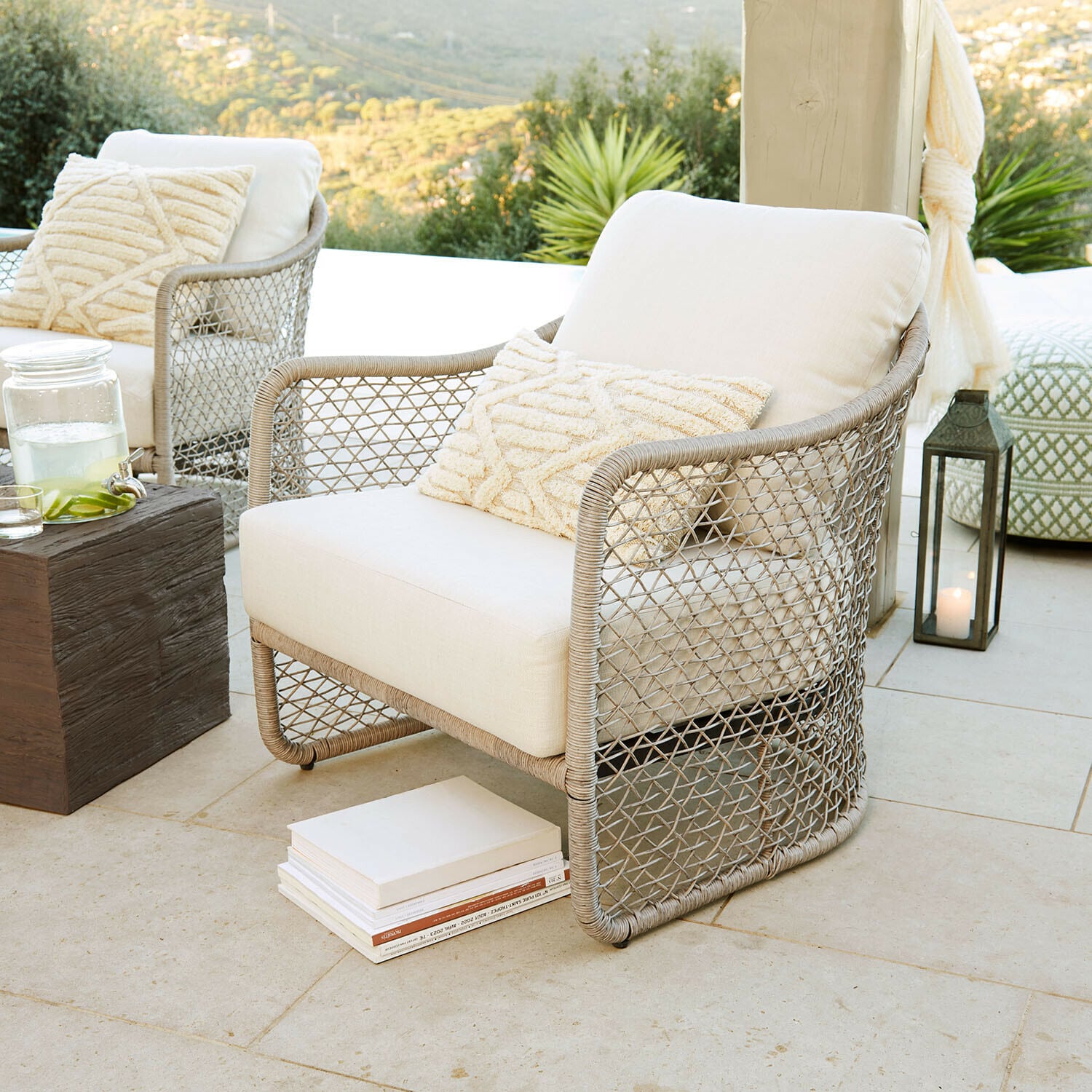 Sessel Langforda, Waschbare Olefinbezüge, Wetterbeständiges Geflecht, Mediterranes Lounge-Feeling in braun/creme
