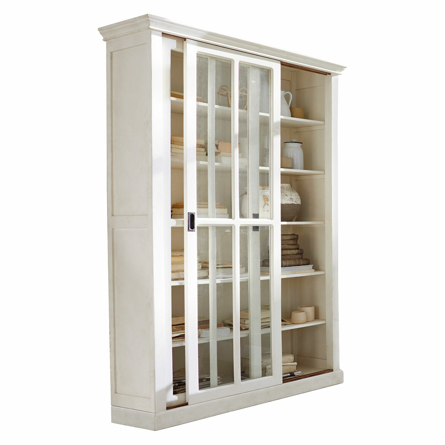 Schrank Brouns Weisse Holzvitrine mit Schiebetüren aus Glas und Regalen für Bücher und Dekorationen