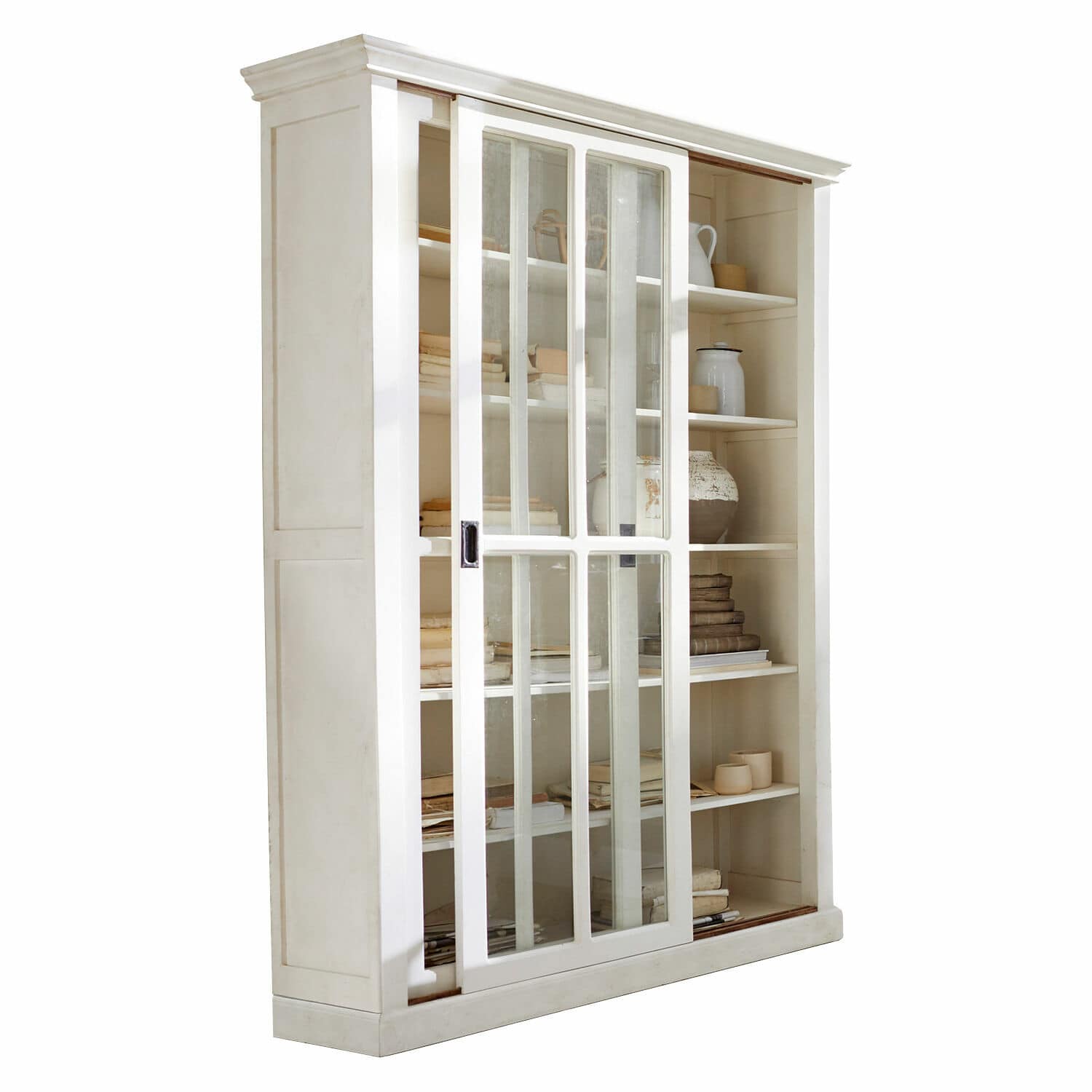 Schrank Brouns Weisse Holzvitrine mit Schiebetüren aus Glas und Regalen für Bücher und Dekorationen