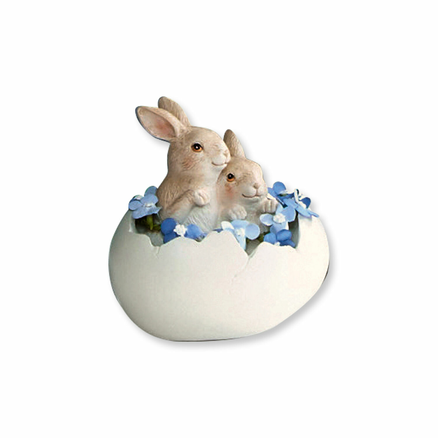 Hasen mit Ei Miksa Keramikfigur mit zwei Hasen in Eierschale und blauen Blumen, österliche Dekoration