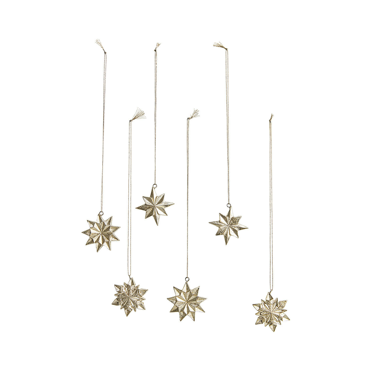 Anhänger 6er Set Zamoura Set mit sechs goldfarbenen Metallsternanhängern an feinen Schnüren, festliche Weihnachtsdekoration