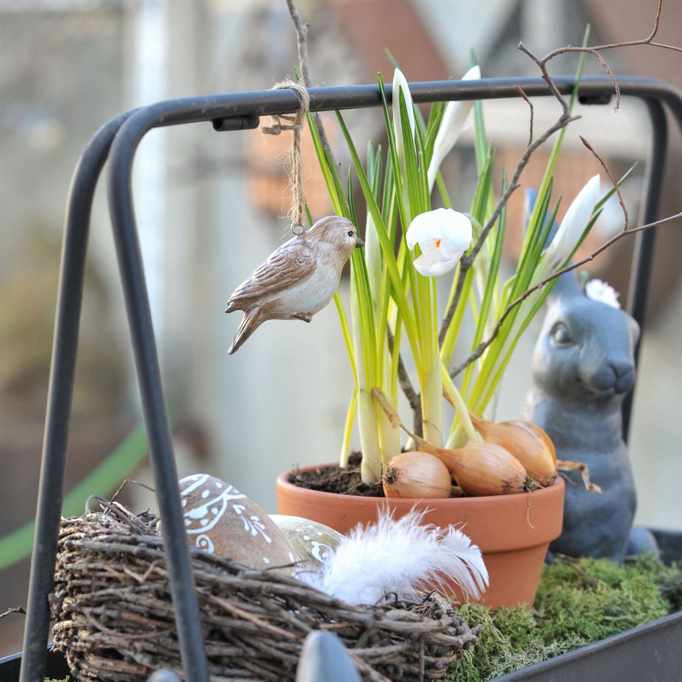 Dekorativer Holzvogel am Blumentopf mit Zwiebeln und weissen Blüten für frühlingshafte Dekoration
