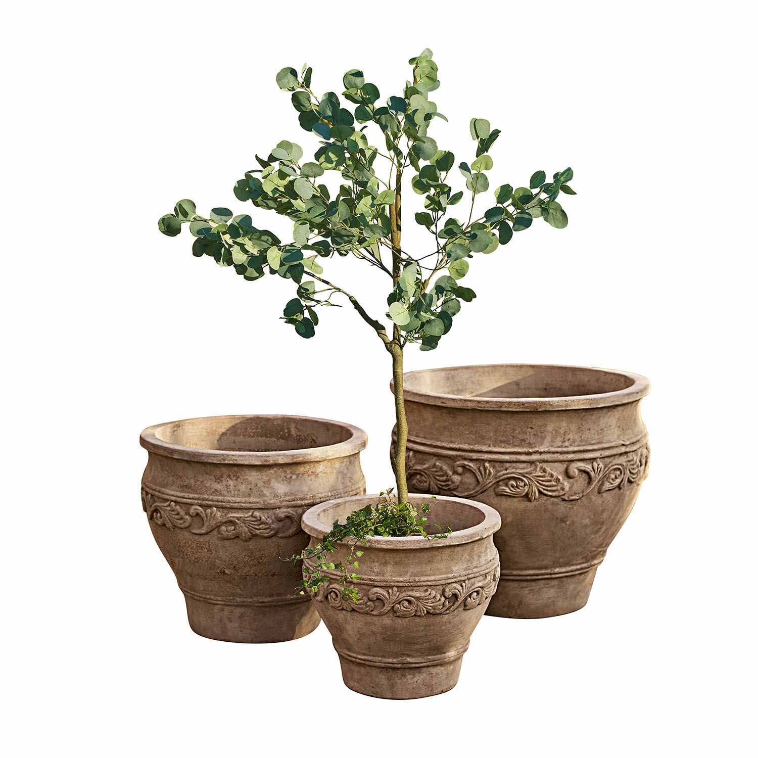 Übertopf 3er Set Sabugal Set aus drei dekorativen braunen Terrakotta-Pflanzgefässen mit Pflanzen für Garten und Zuhause