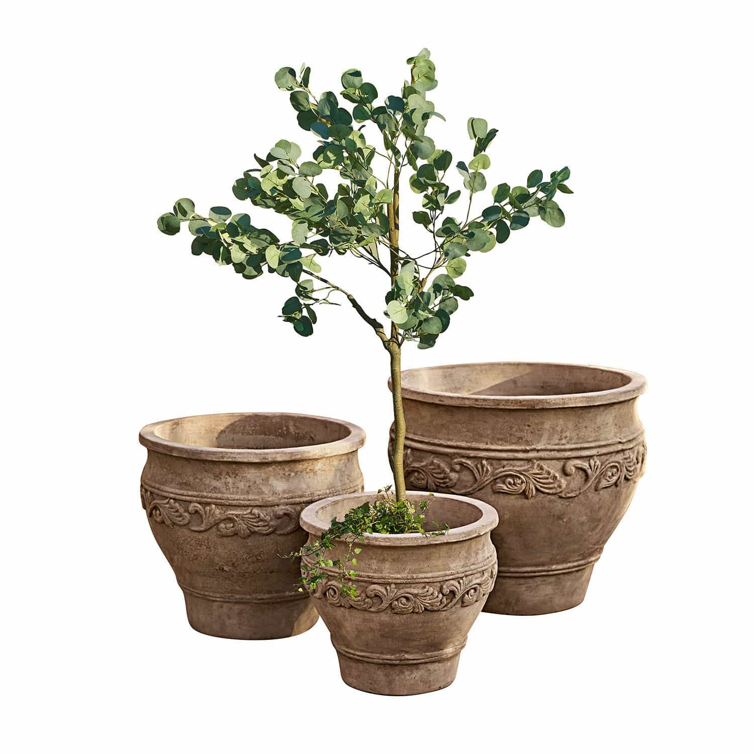 Übertopf 3er Set Sabugal Set aus drei dekorativen braunen Terrakotta-Pflanzgefässen mit Pflanzen für Garten und Zuhause