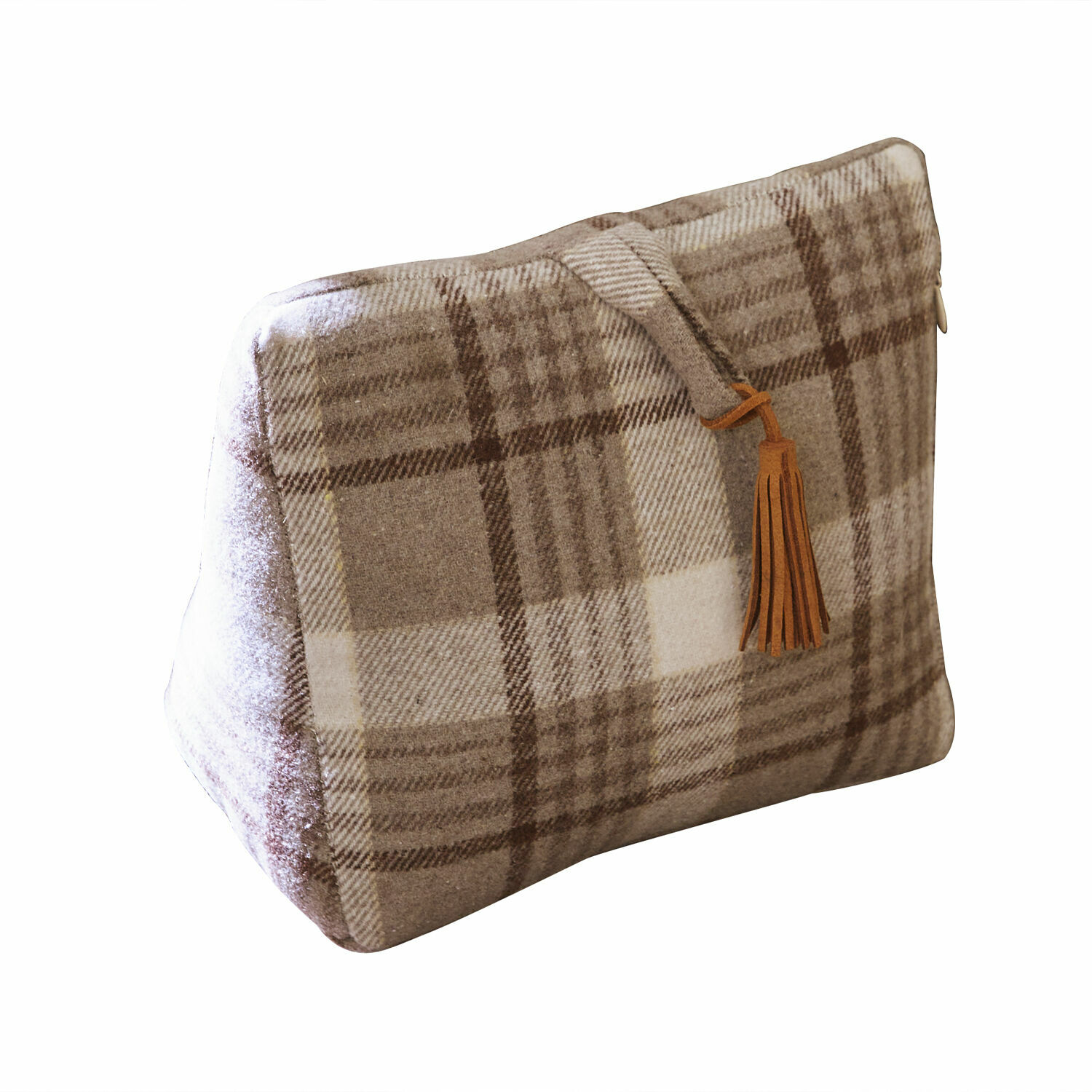 Türstopper Ersac Beige karierte Kosmetiktasche aus weichem Material mit dekorativem Quastenanhänger am Reissverschluss