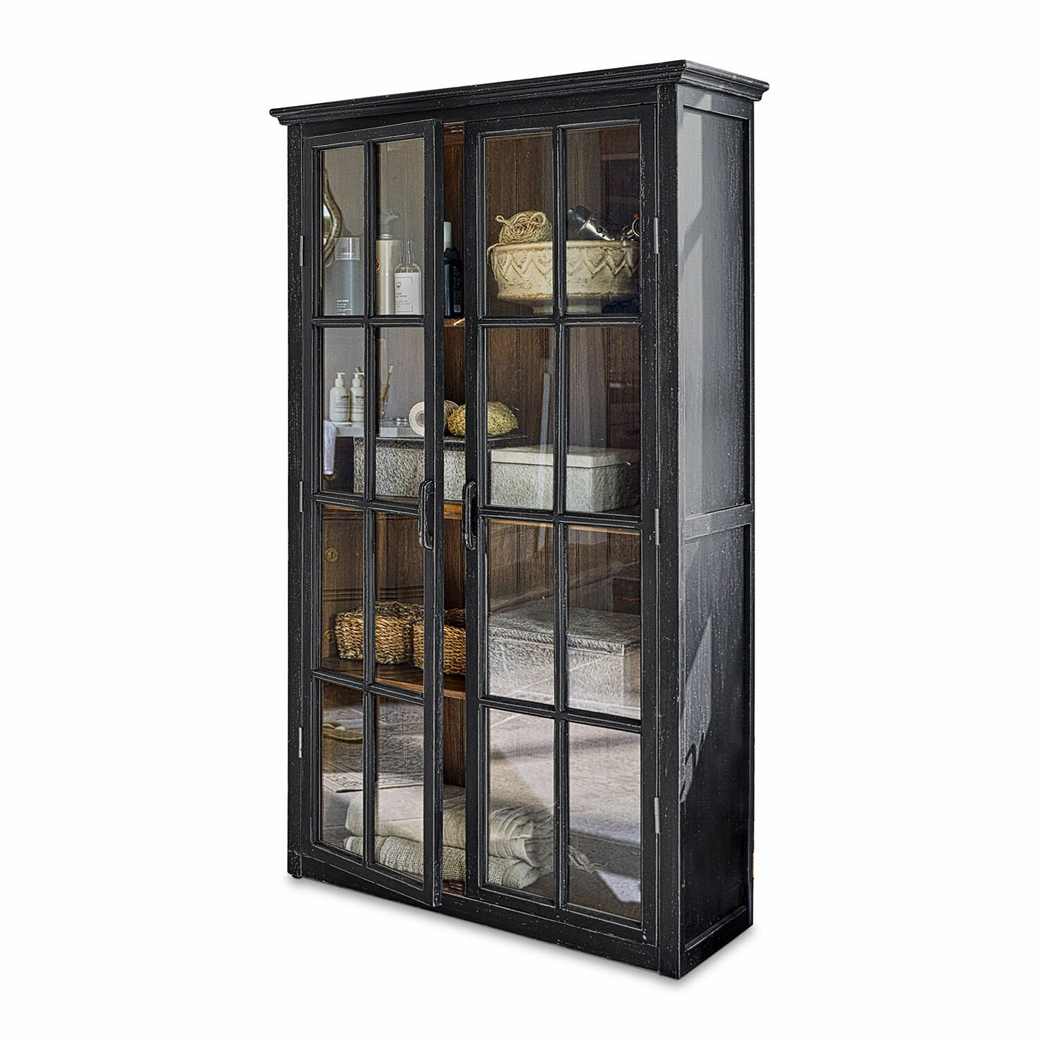Schrank Keanu Schwarze Holzvitrine mit Glastüren und Regalen für Dekoration und Aufbewahrung