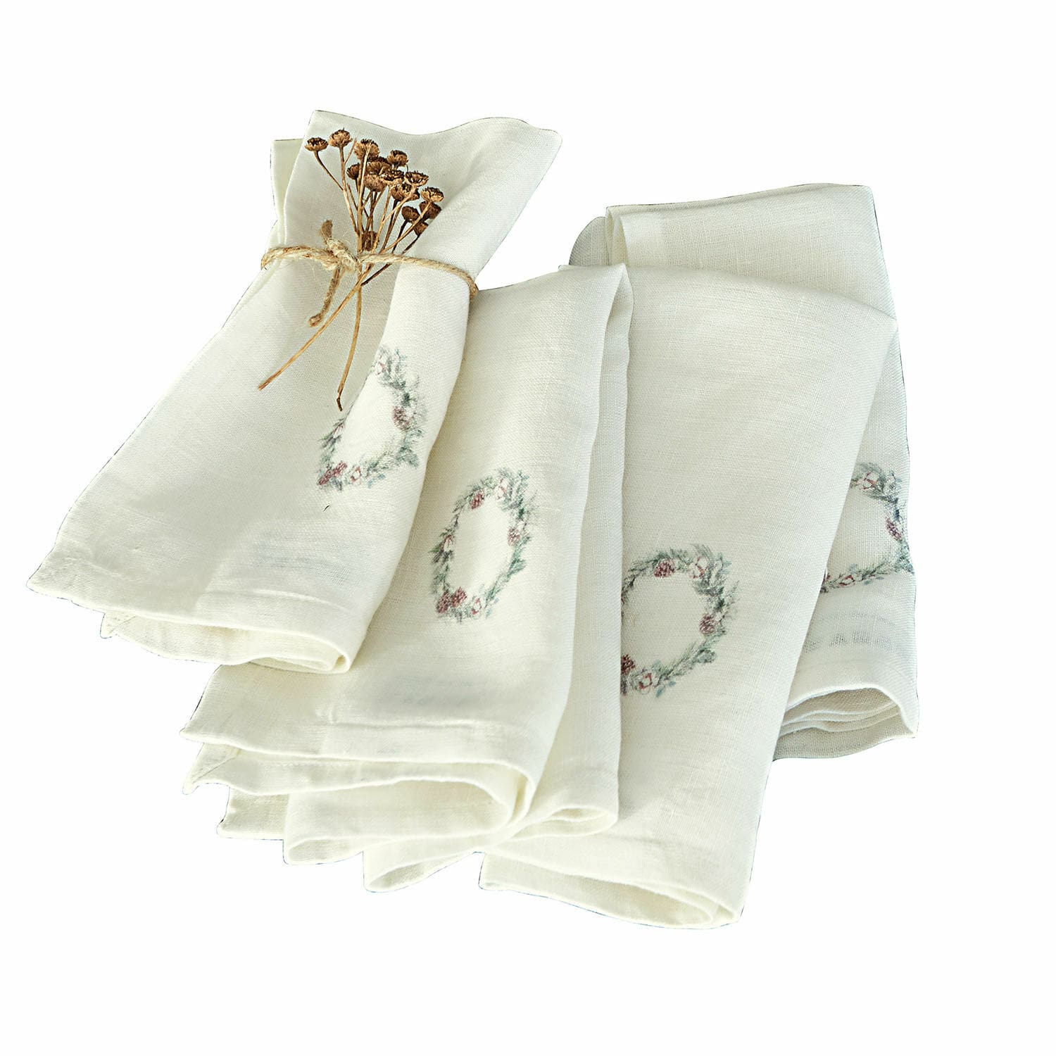 Serviette 4er Set Torge Set aus cremefarbenen Leinenservietten mit zartem Kranzmuster und getrockneten Blumen gebunden