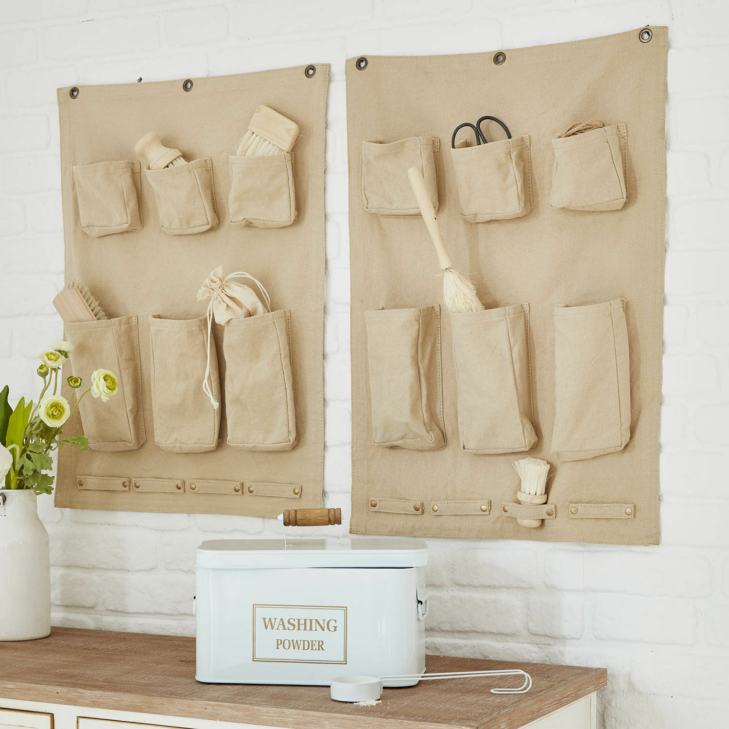 Wand-Organizer 2er Set Kaventi Beiger Leinwand-Wandorganisator mit Taschen für Waschutensilien und Bürsten