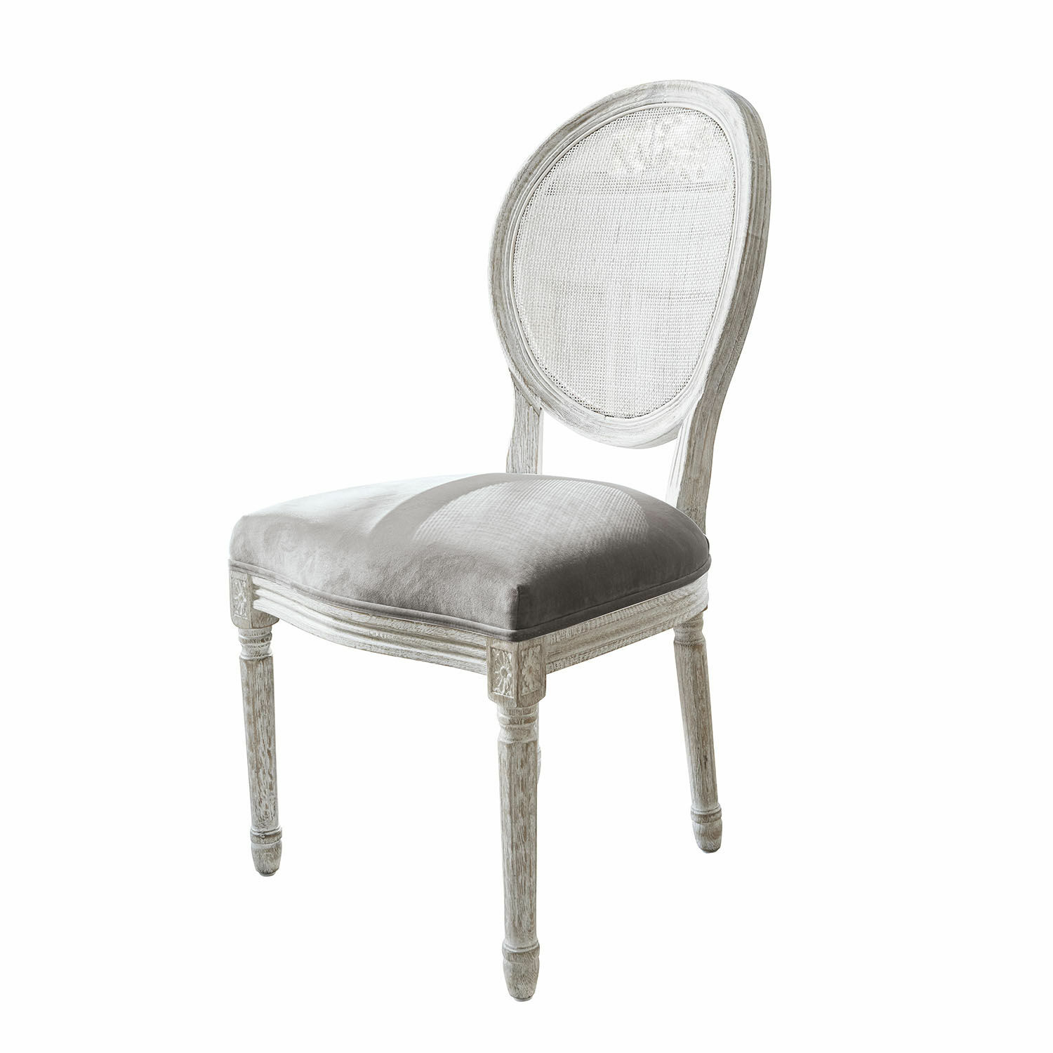 weiss/grau Stuhl Danube aus weissem Holz mit grauem Samtpolster, Vintage-Stil für Wohnzimmer