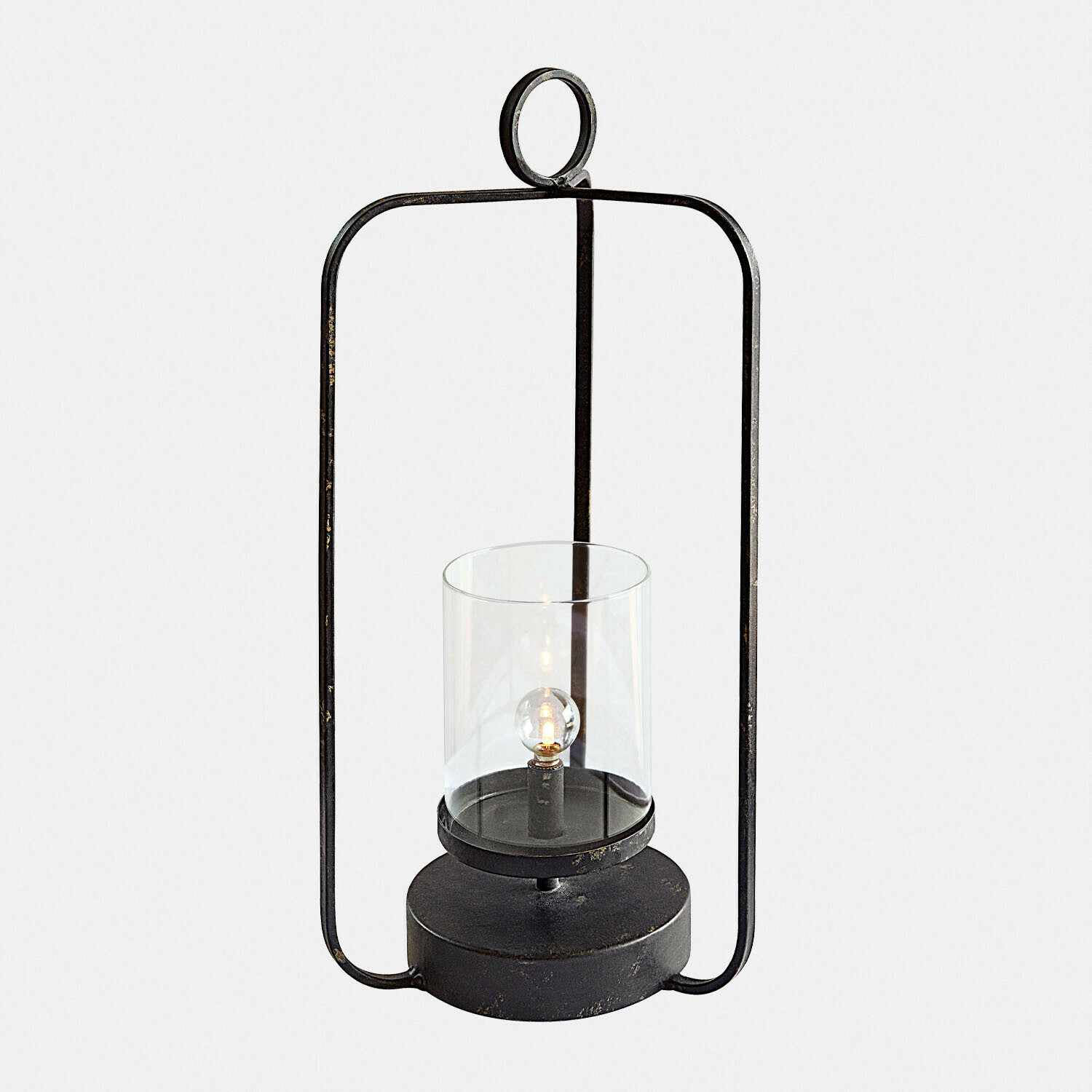 Schwarze Metalllaterne mit klarem Glaszylinder und LED-Glühbirne für Wohnraumdekoration