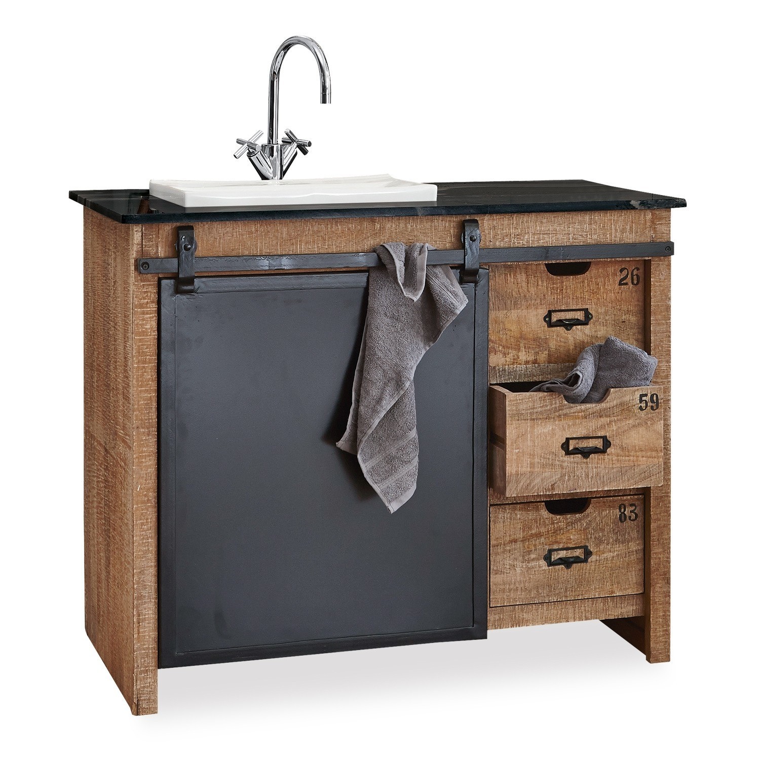 Waschtisch Taylors Island Badezimmerschrank aus Mangoholz und Metall mit schwarzer Tür und weissem Waschbecken im Industriestil