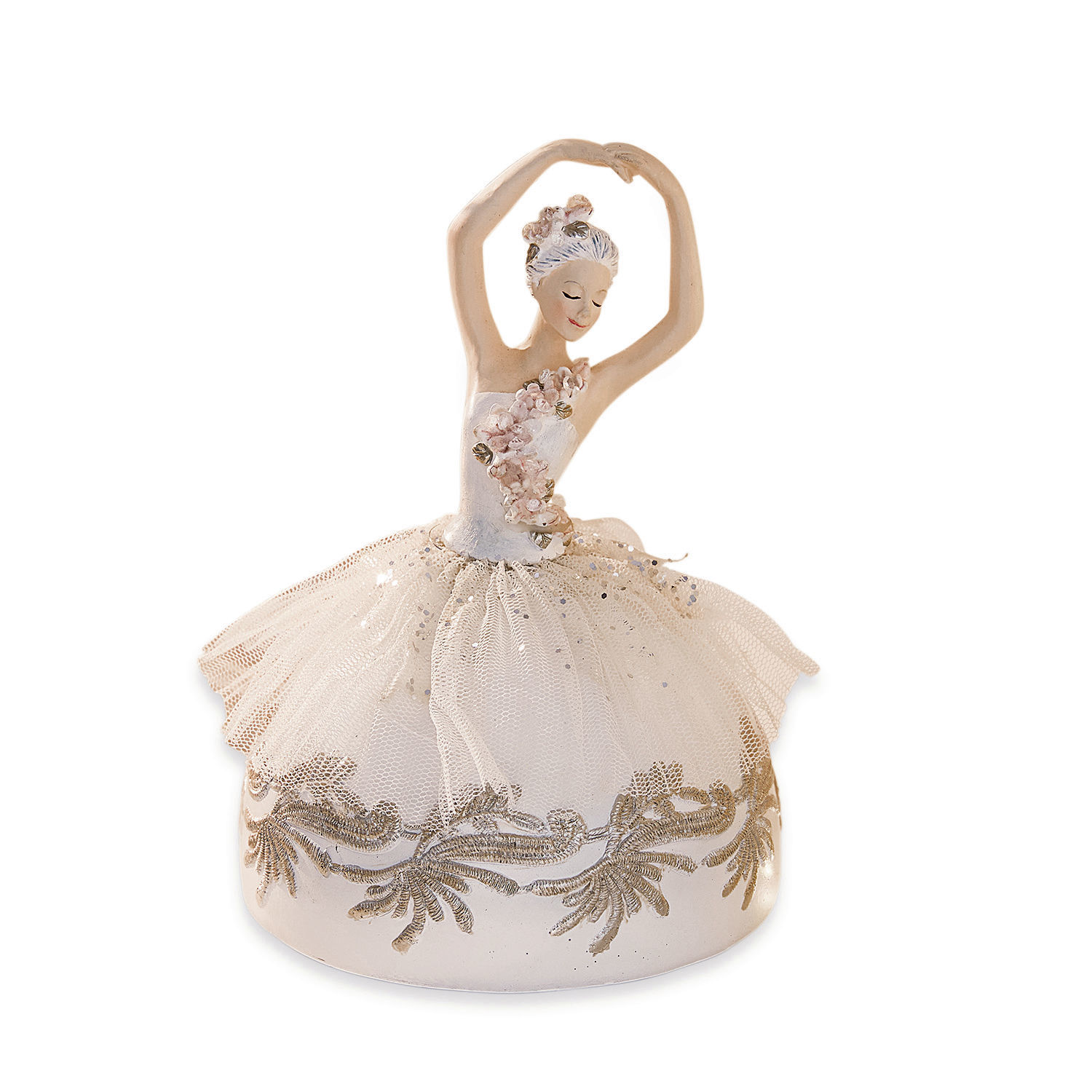 Spieluhr Malinka Ballerina-Figur mit cremefarbenem Tüllrock und goldenen Stoffverzierungen aus feinem Material