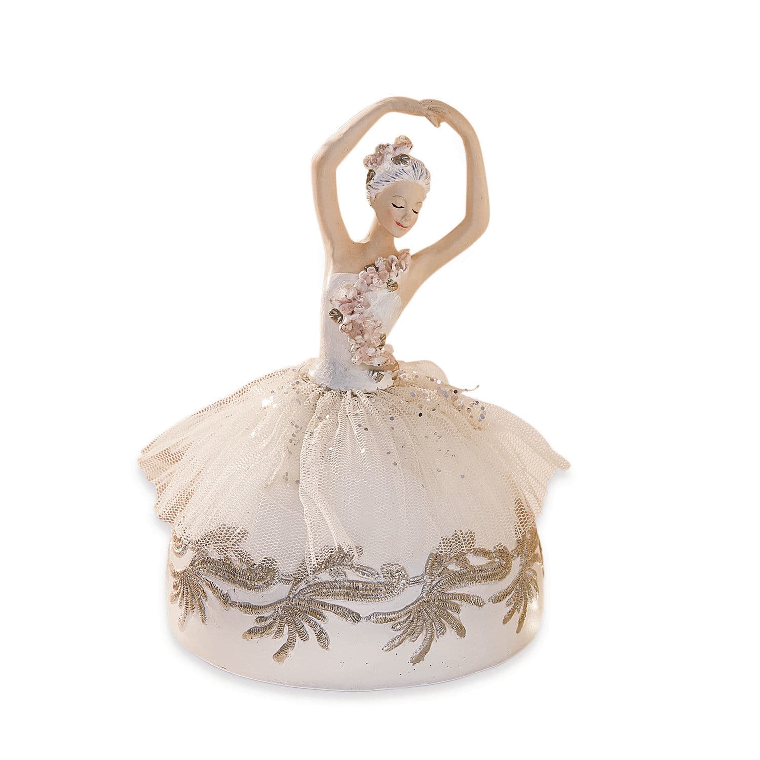 Spieluhr Malinka Ballerina-Figur mit cremefarbenem Tüllrock und goldenen Stoffverzierungen aus feinem Material